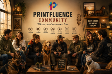 Warm Printfluence Community gathering where people connect through shared passions for animals, coffee, fishing, and meaningful conversations.
