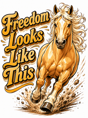 Palomino horse running at full speed with the words "Freedom Looks Like This" in vintage typography on an organic cotton T-shirt design.