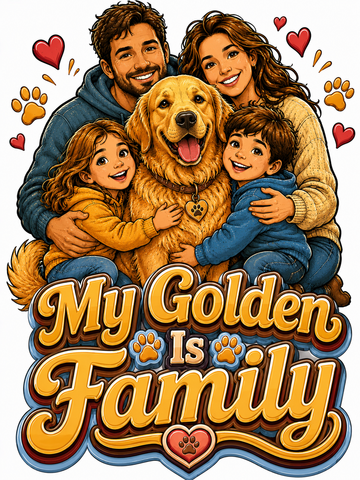 Family embracing a smiling Golden Retriever in the My Golden Is Family artwork printed on a Comfort Colors 1567 garment-dyed hoodie, celebrating love, loyalty, and family bonds.