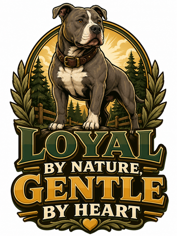Vintage-style illustration of a loyal Pitbull standing peacefully in a forest with the message "Loyal by Nature, Gentle by Heart."