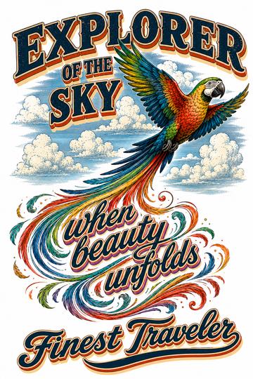 Colorful parrot flying through clouds with the phrases "Explorer of the Sky," "When Beauty Unfolds," and "Finest Traveler" in vintage typography on a men's boxy tee.
