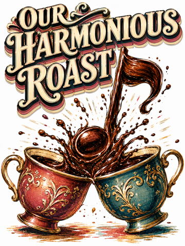 Two vintage coffee cups creating a musical coffee splash beneath the phrase "Our Harmonious Roast" on a Stanley/Stella STTU169 organic cotton T-shirt.
