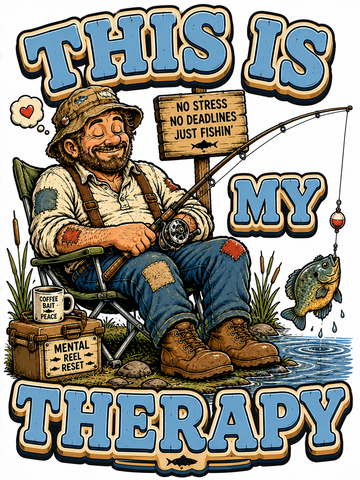 Relaxed fisherman sitting by the water with a fishing rod and the phrase "This Is My Therapy" in vintage typography on a Bella + Canvas 3001 unisex T-shirt.