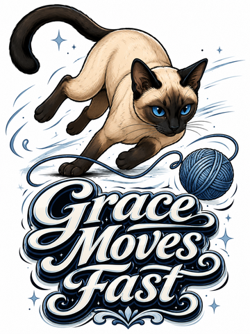 Playful Siamese cat chasing a blue ball of yarn with the phrase "Grace Moves Fast" in vintage typography on a lightweight hoodie design.