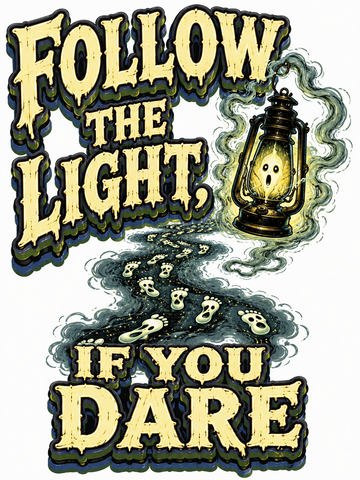 Vintage horror artwork featuring a glowing lantern, mysterious footprints, and the phrase "Follow the Light, If You Dare" on an oversized faded tee.