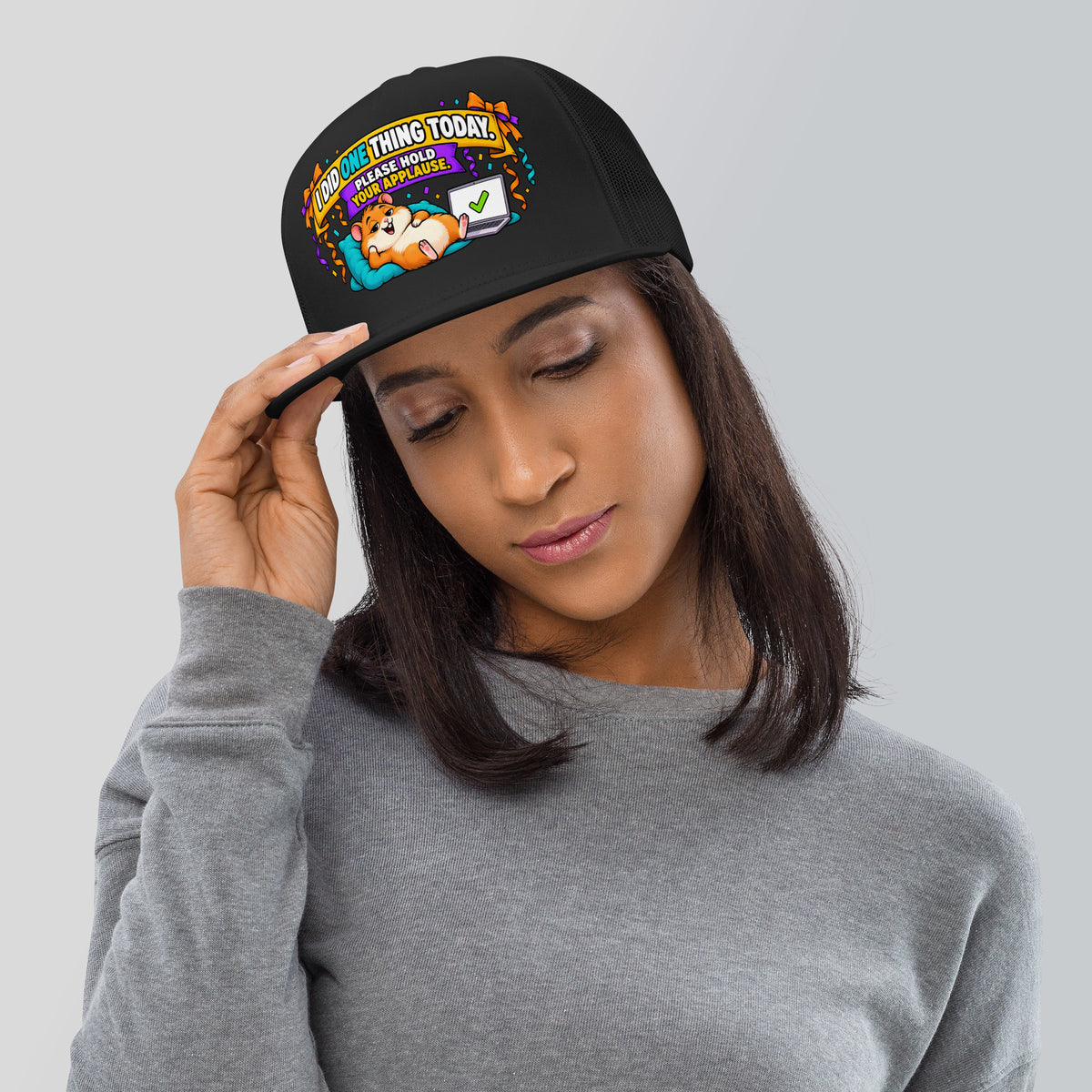 Sarcastic Humor Lovers | 5 Panel Trucker Cap — I DID ONE THING TODAY. PLEASE HOLD YOUR APPLAUSE. by printfluence