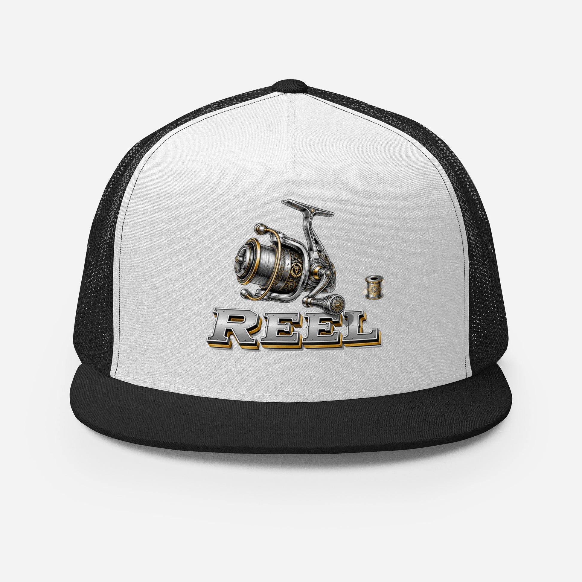 Fishing Lovers Polyester Foam and Mesh Trucker Cap with Vintage Mechanical Fishing Reel Design by printfluence.net