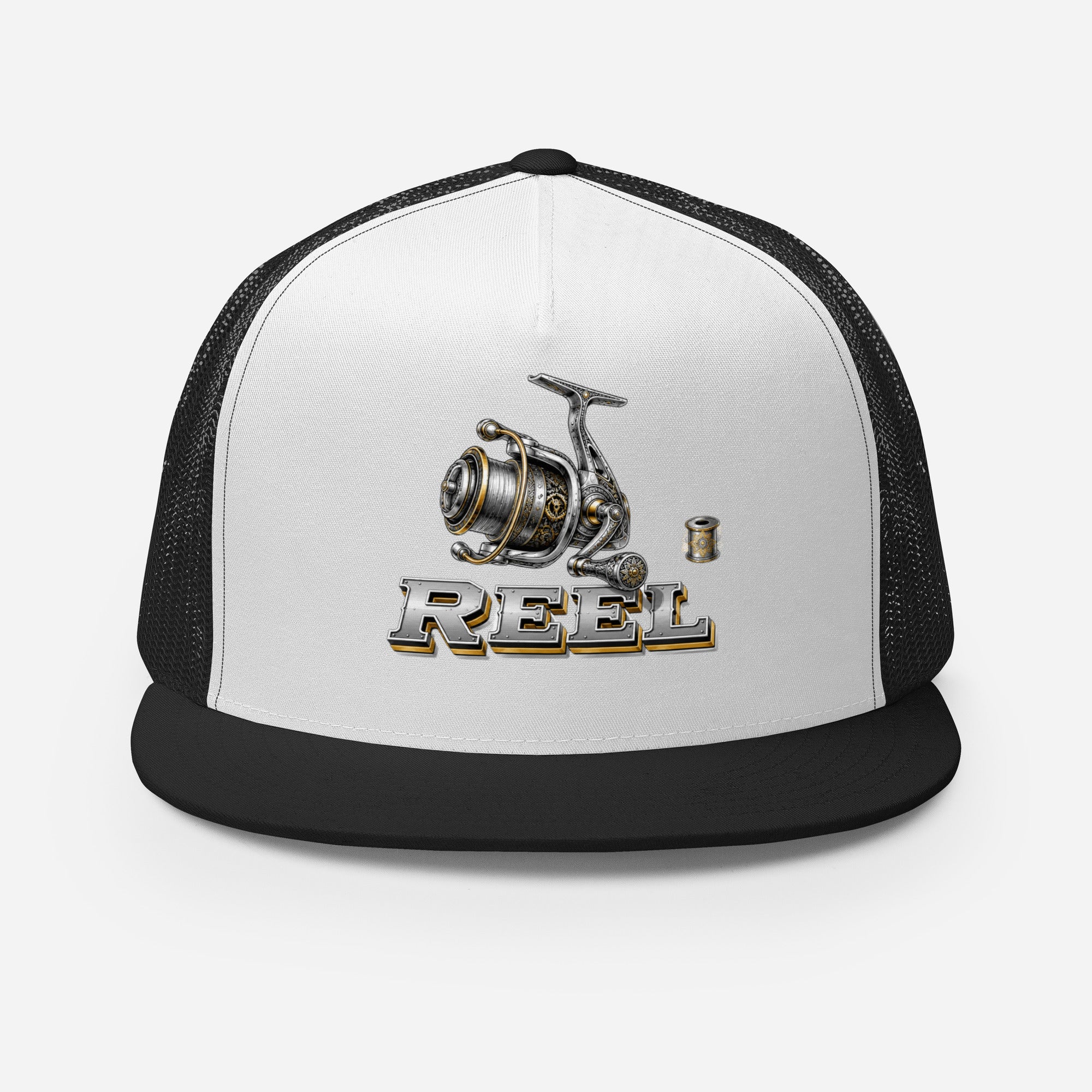 Fishing Lovers Polyester Foam and Mesh Trucker Cap with Vintage Mechanical Fishing Reel Design by printfluence.net