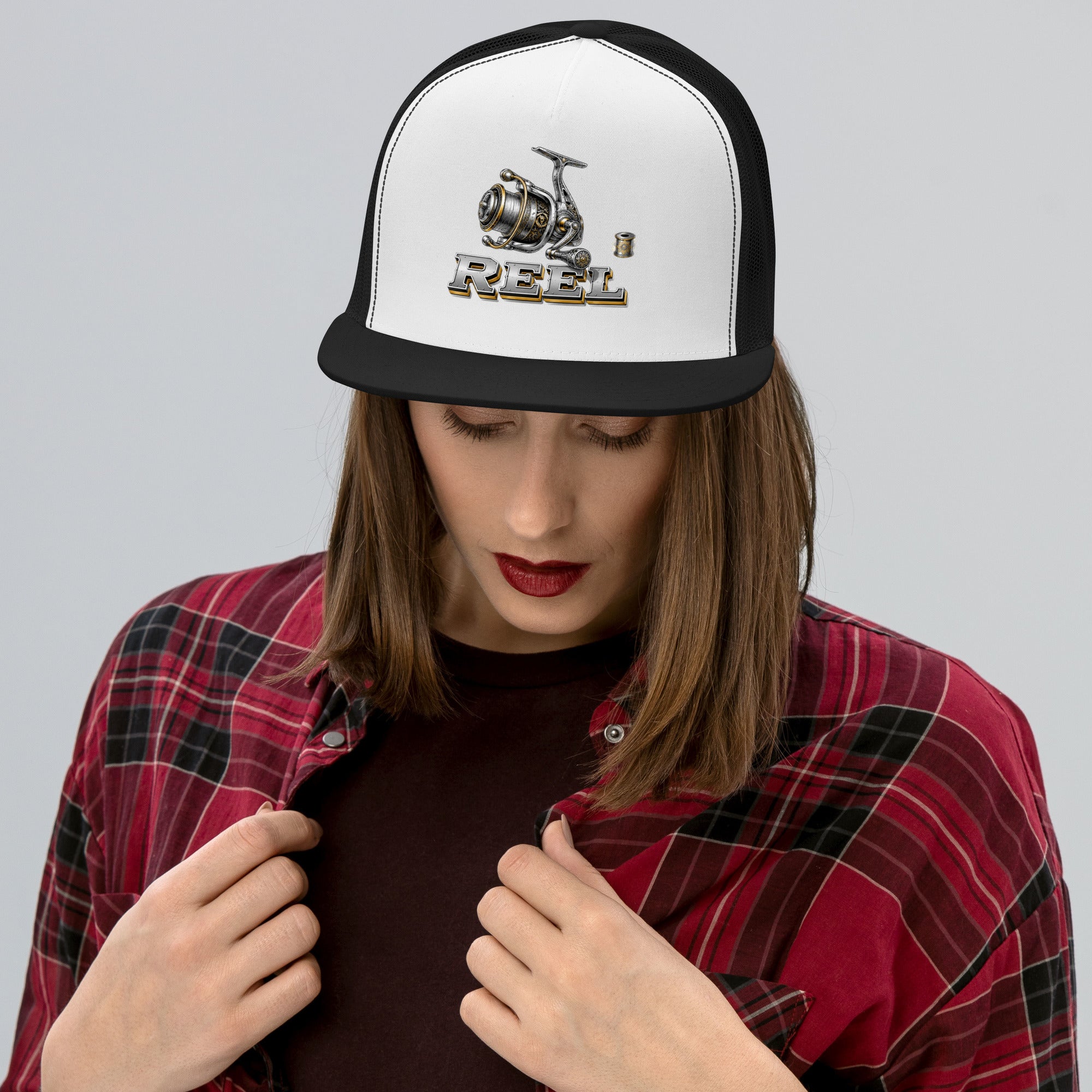 Fishing Lovers Polyester Foam and Mesh Trucker Cap with Vintage Mechanical Fishing Reel Design by printfluence.net