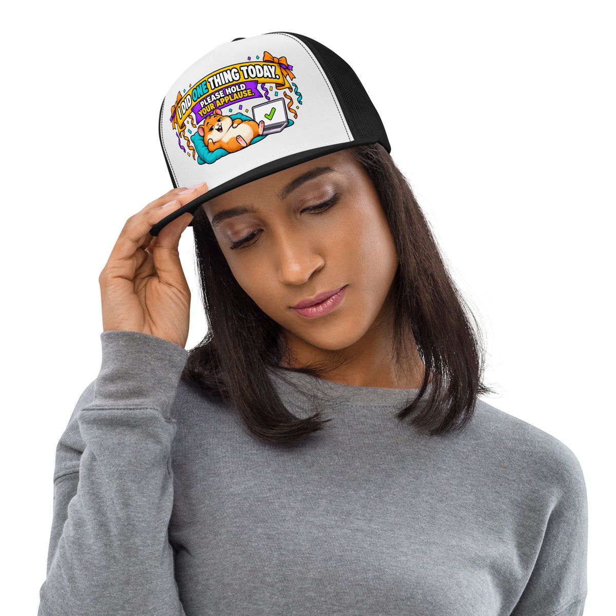 Sarcastic Humor Lovers | 5 Panel Trucker Cap — I DID ONE THING TODAY. PLEASE HOLD YOUR APPLAUSE. by printfluence