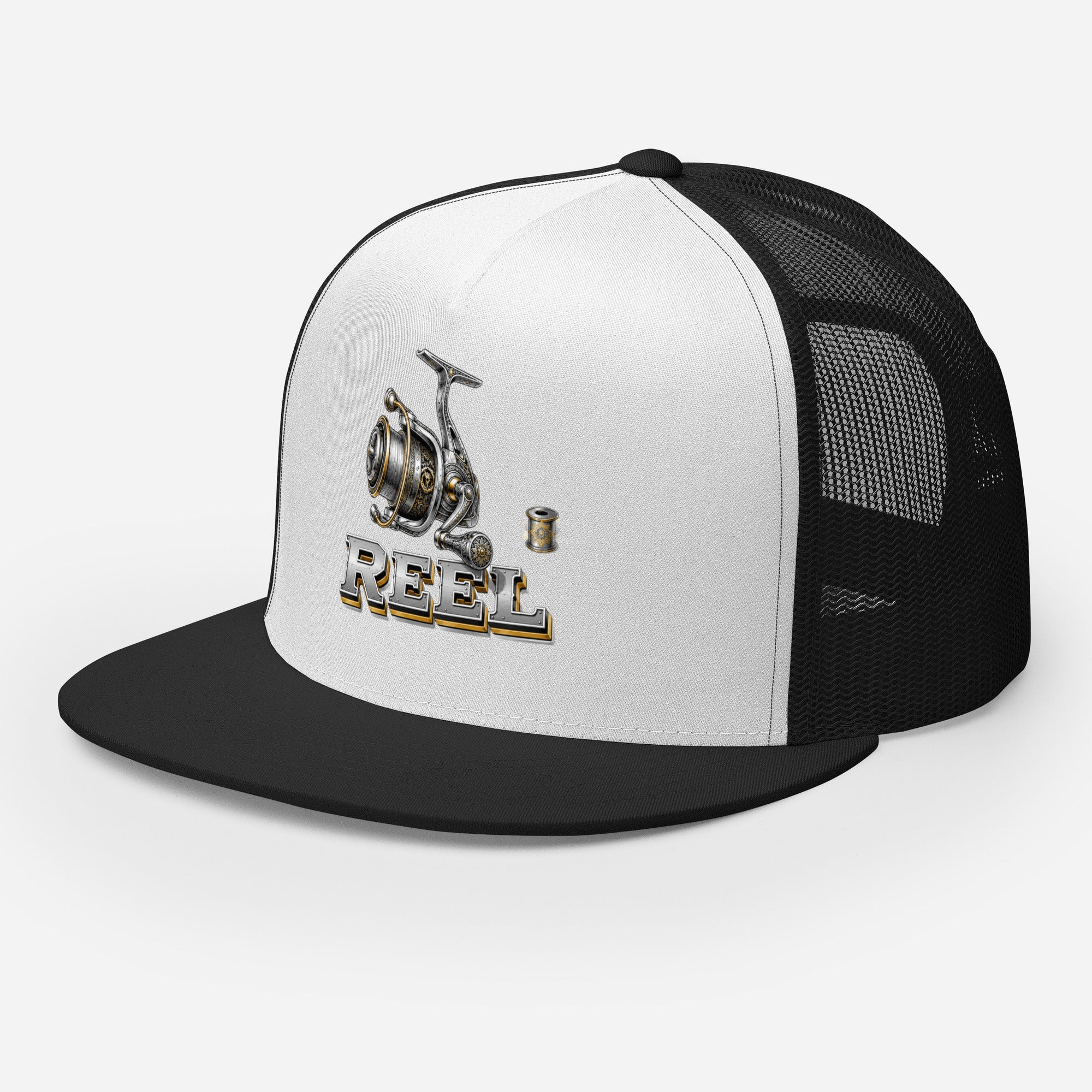 Fishing Lovers Polyester Foam and Mesh Trucker Cap with Vintage Mechanical Fishing Reel Design by printfluence.net
