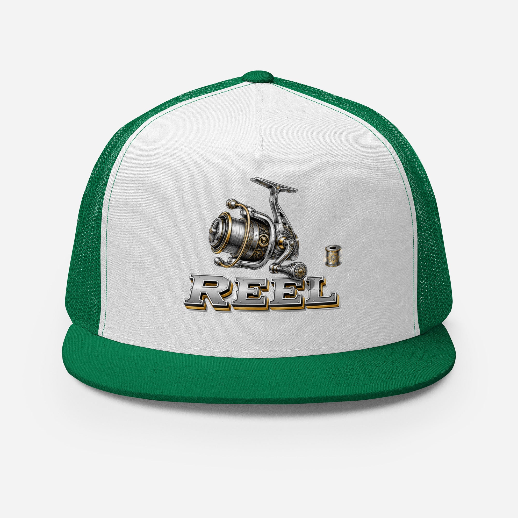 Fishing Lovers Polyester Foam and Mesh Trucker Cap with Vintage Mechanical Fishing Reel Design by printfluence.net