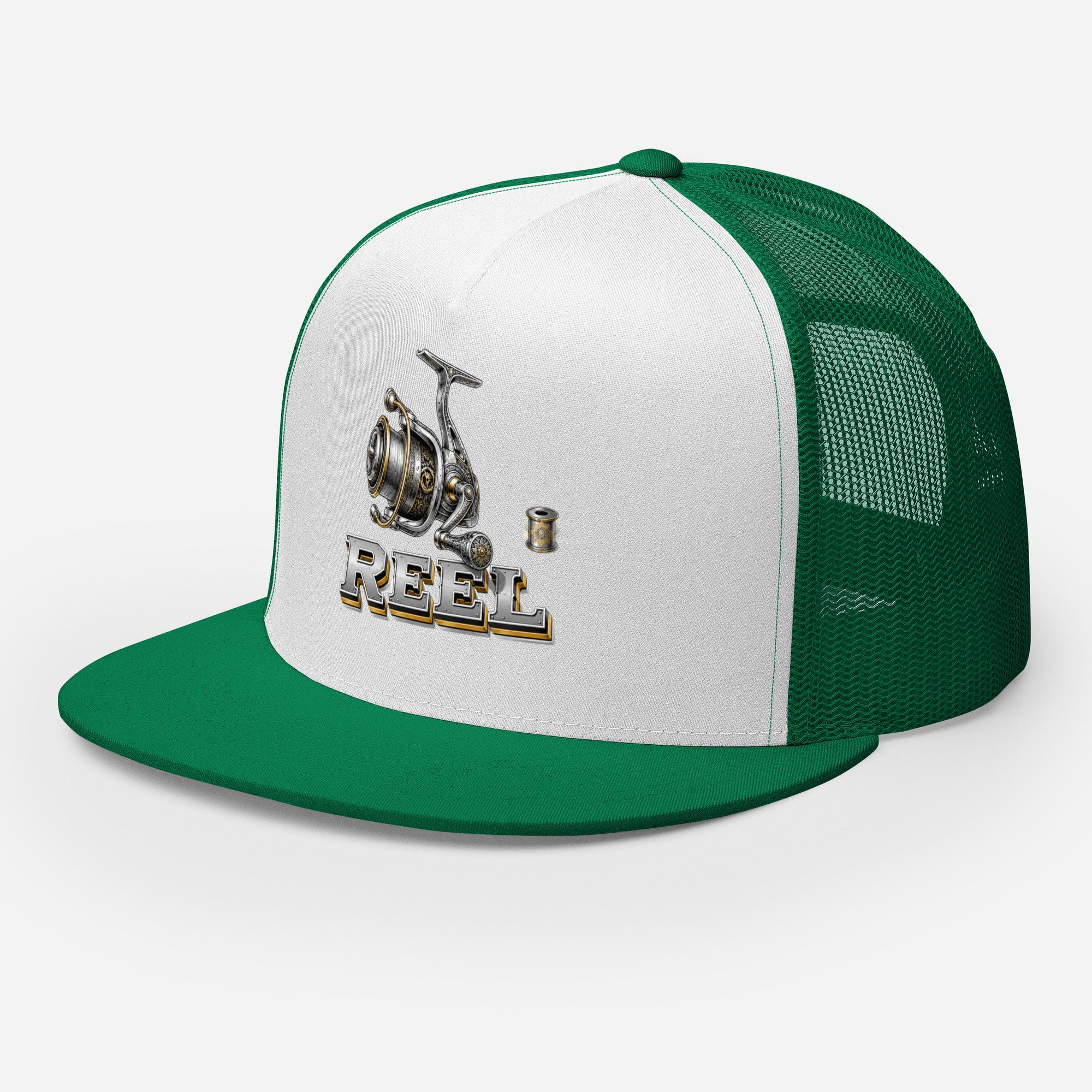 Fishing Lovers Polyester Foam and Mesh Trucker Cap with Vintage Mechanical Fishing Reel Design by printfluence.net