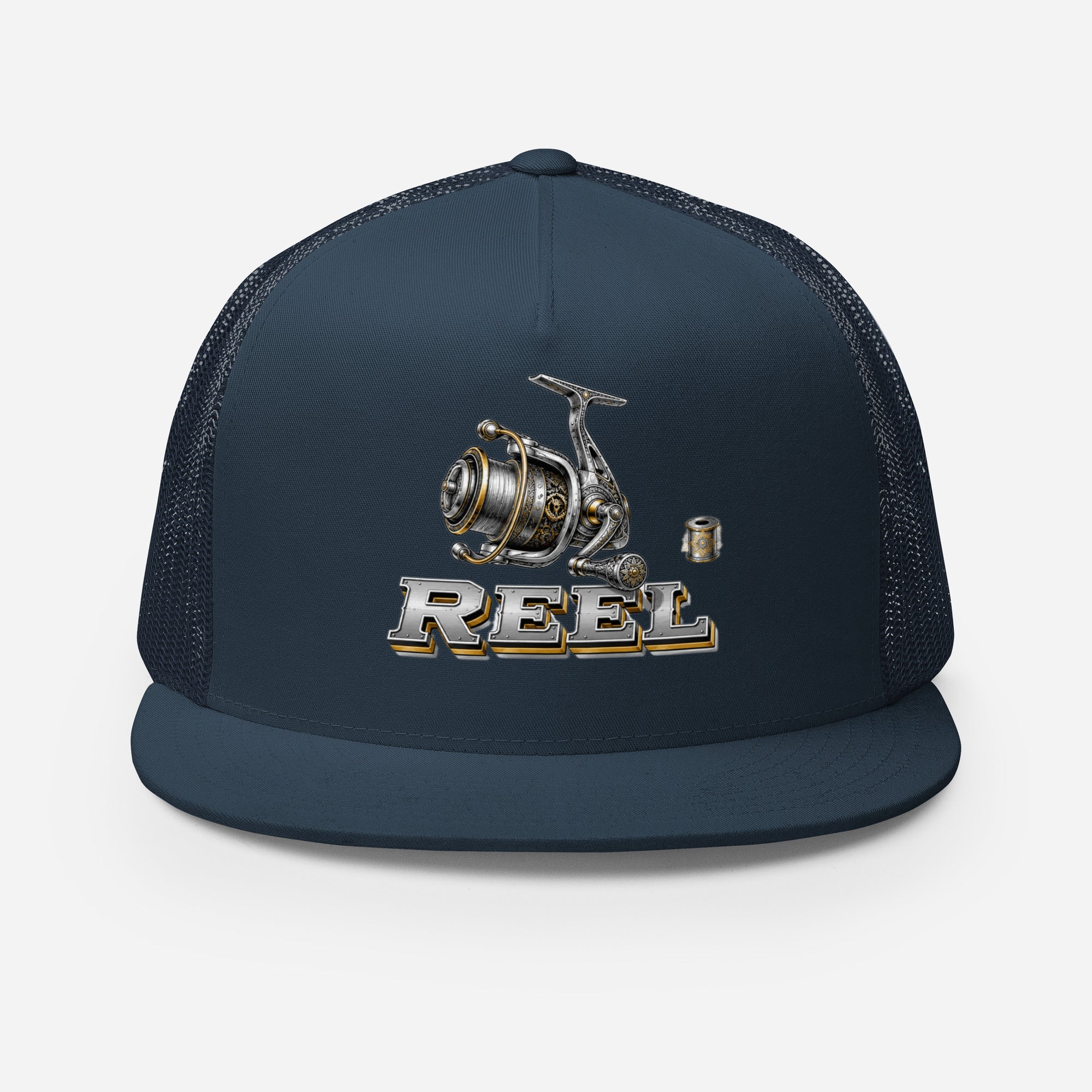Fishing Lovers Polyester Foam and Mesh Trucker Cap with Vintage Mechanical Fishing Reel Design by printfluence.net