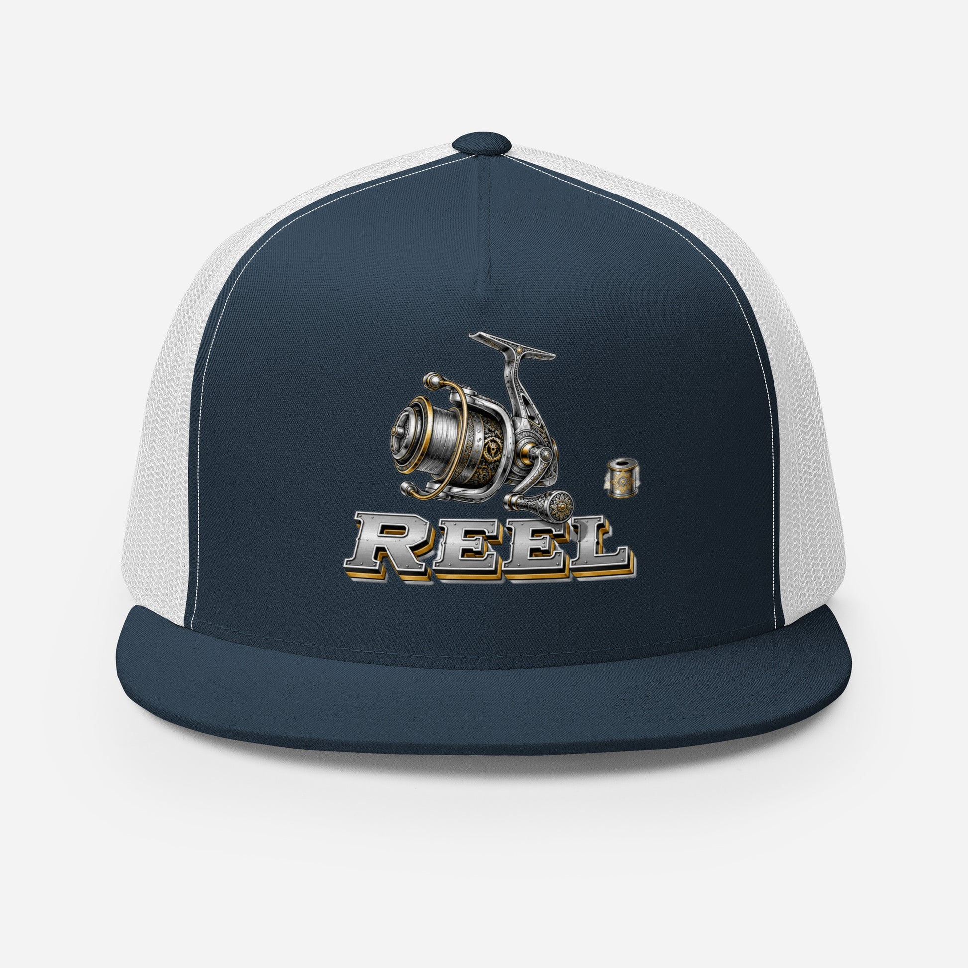 Fishing Lovers Polyester Foam and Mesh Trucker Cap with Vintage Mechanical Fishing Reel Design by printfluence.net
