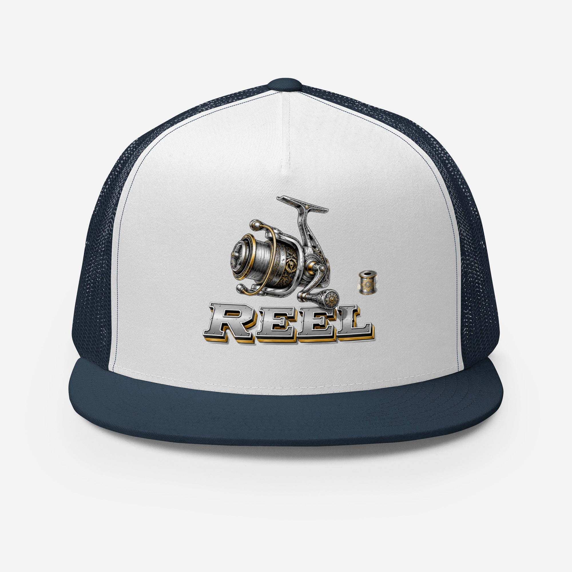 Fishing Lovers Polyester Foam and Mesh Trucker Cap with Vintage Mechanical Fishing Reel Design by printfluence.net