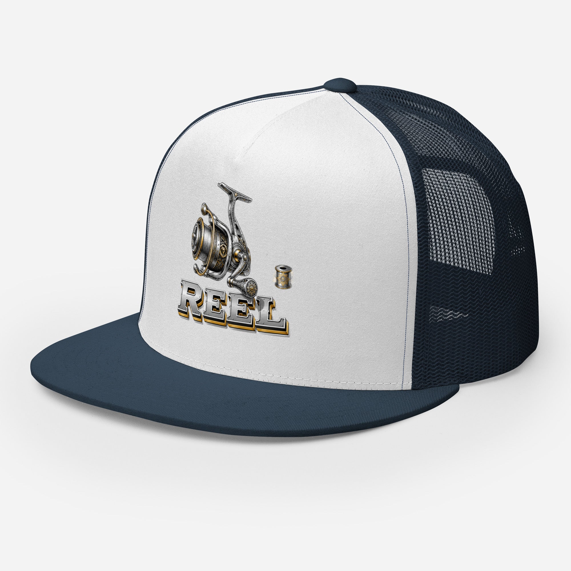 Fishing Lovers Polyester Foam and Mesh Trucker Cap with Vintage Mechanical Fishing Reel Design by printfluence.net