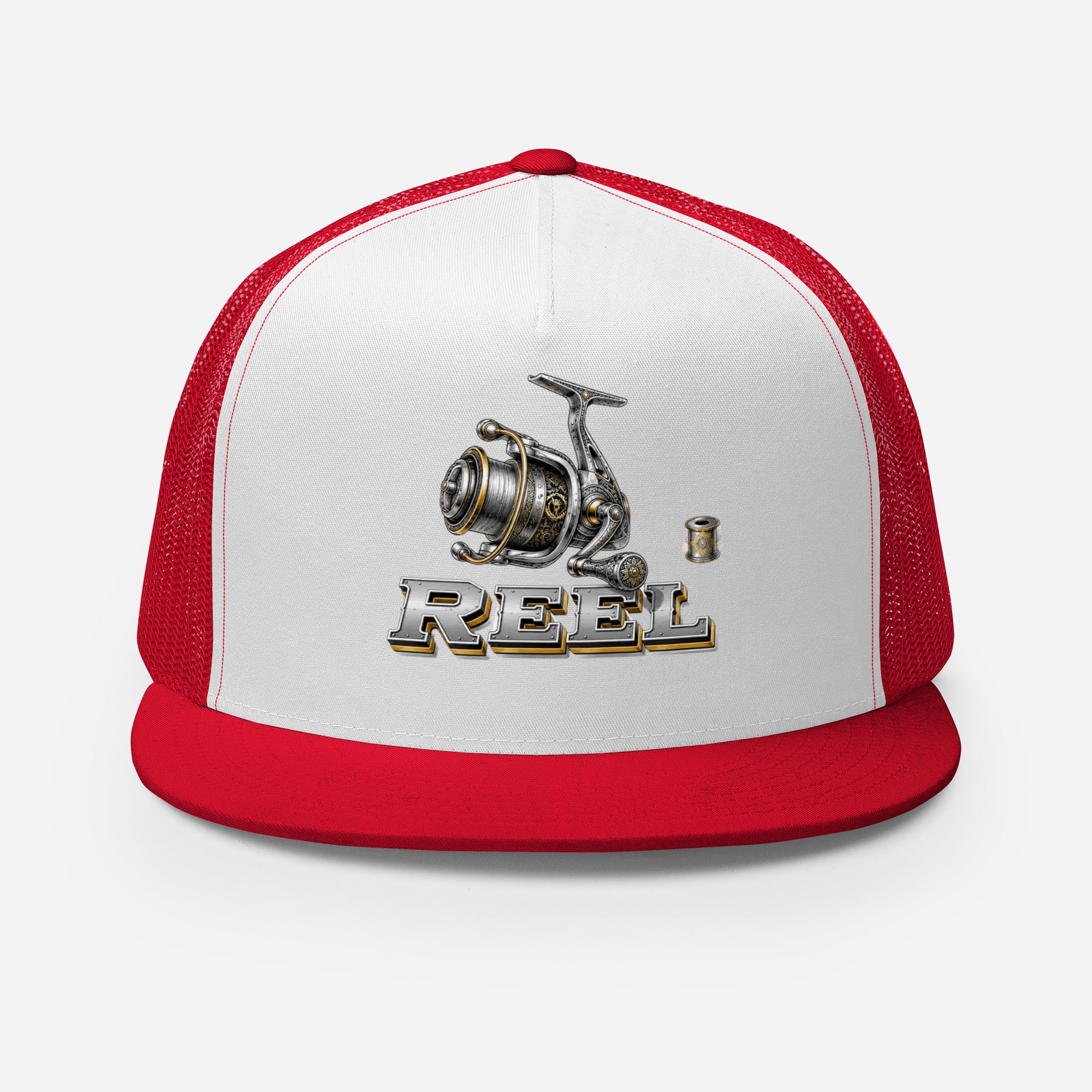 Fishing Lovers Polyester Foam and Mesh Trucker Cap with Vintage Mechanical Fishing Reel Design by printfluence.net