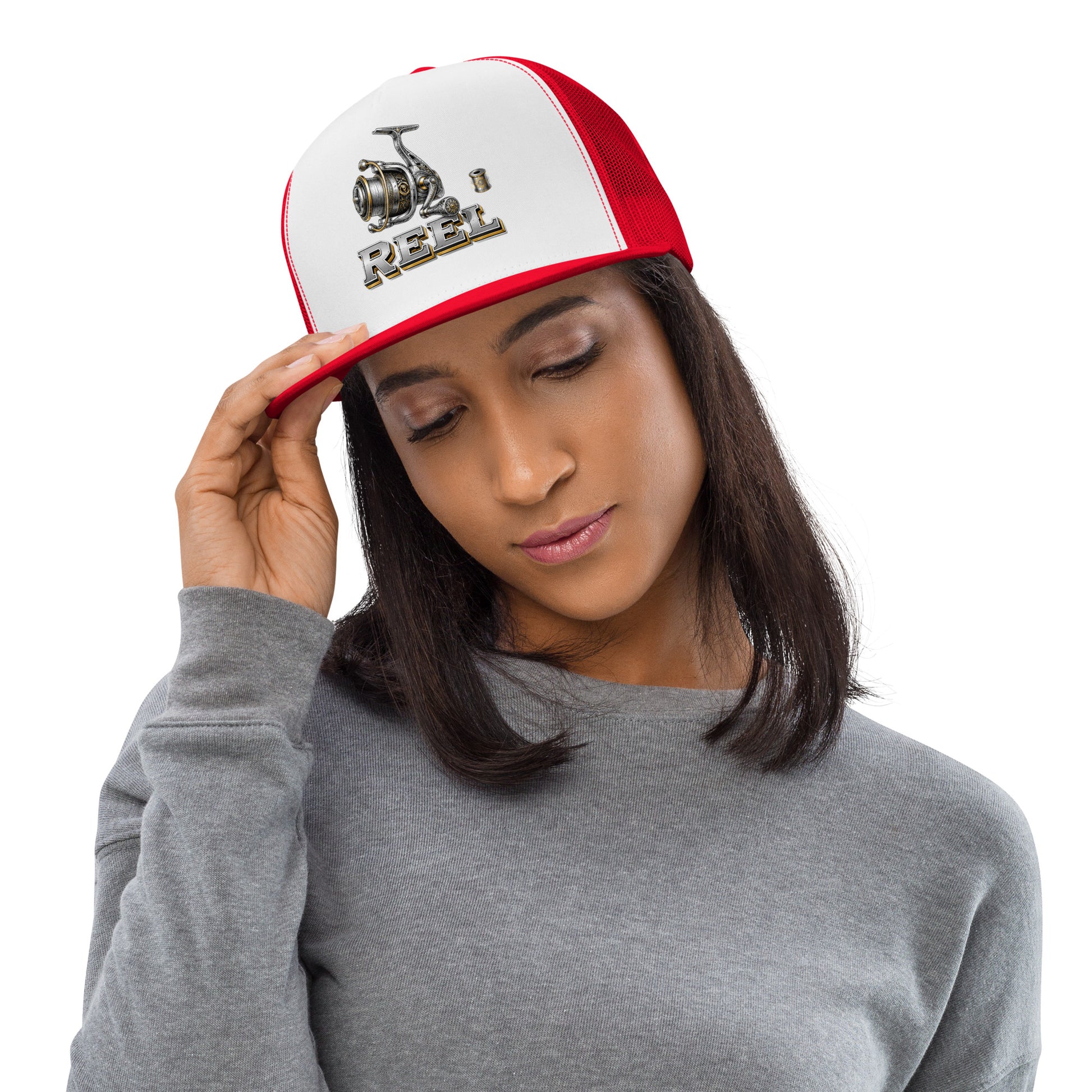 Fishing Lovers Polyester Foam and Mesh Trucker Cap with Vintage Mechanical Fishing Reel Design by printfluence.net