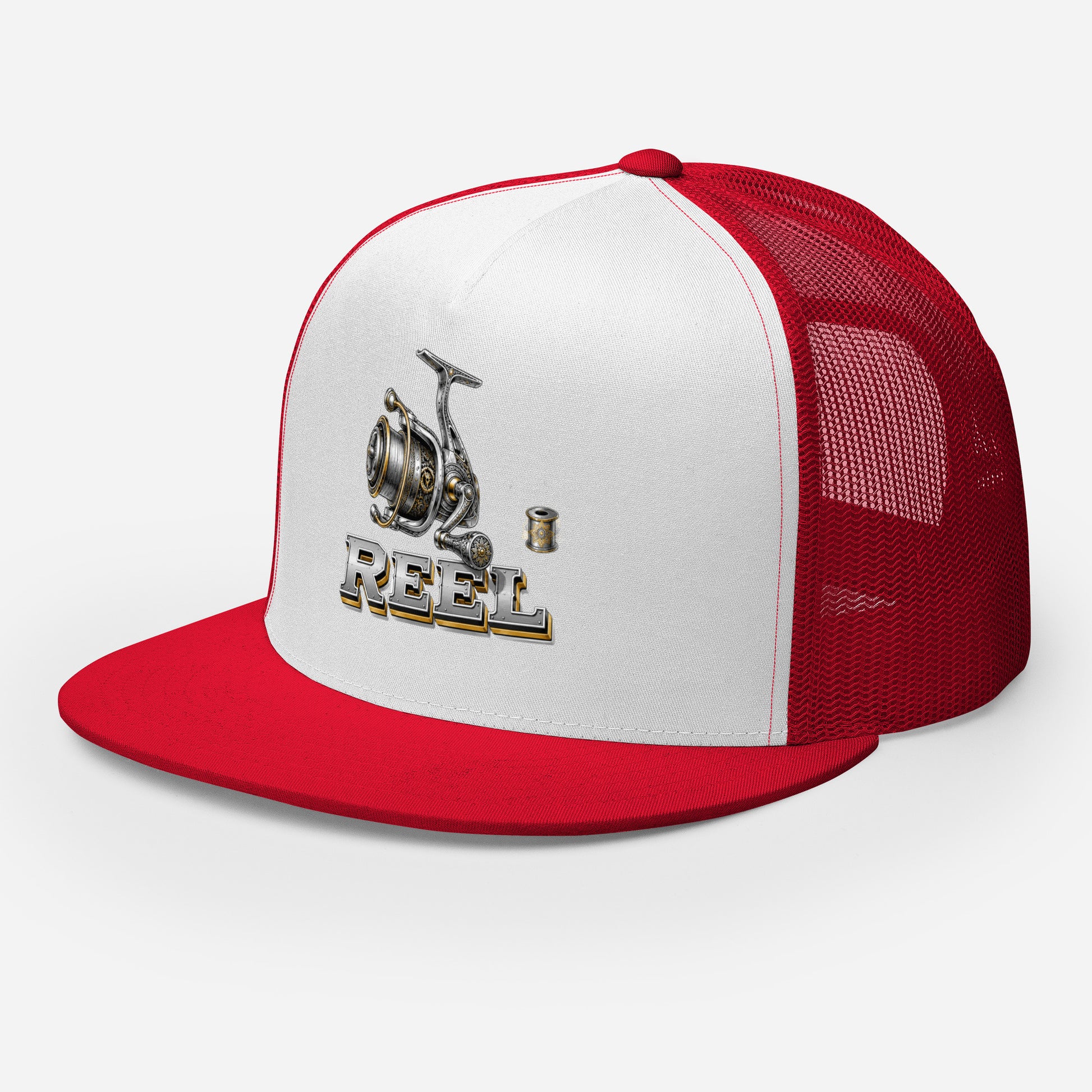 Fishing Lovers Polyester Foam and Mesh Trucker Cap with Vintage Mechanical Fishing Reel Design by printfluence.net