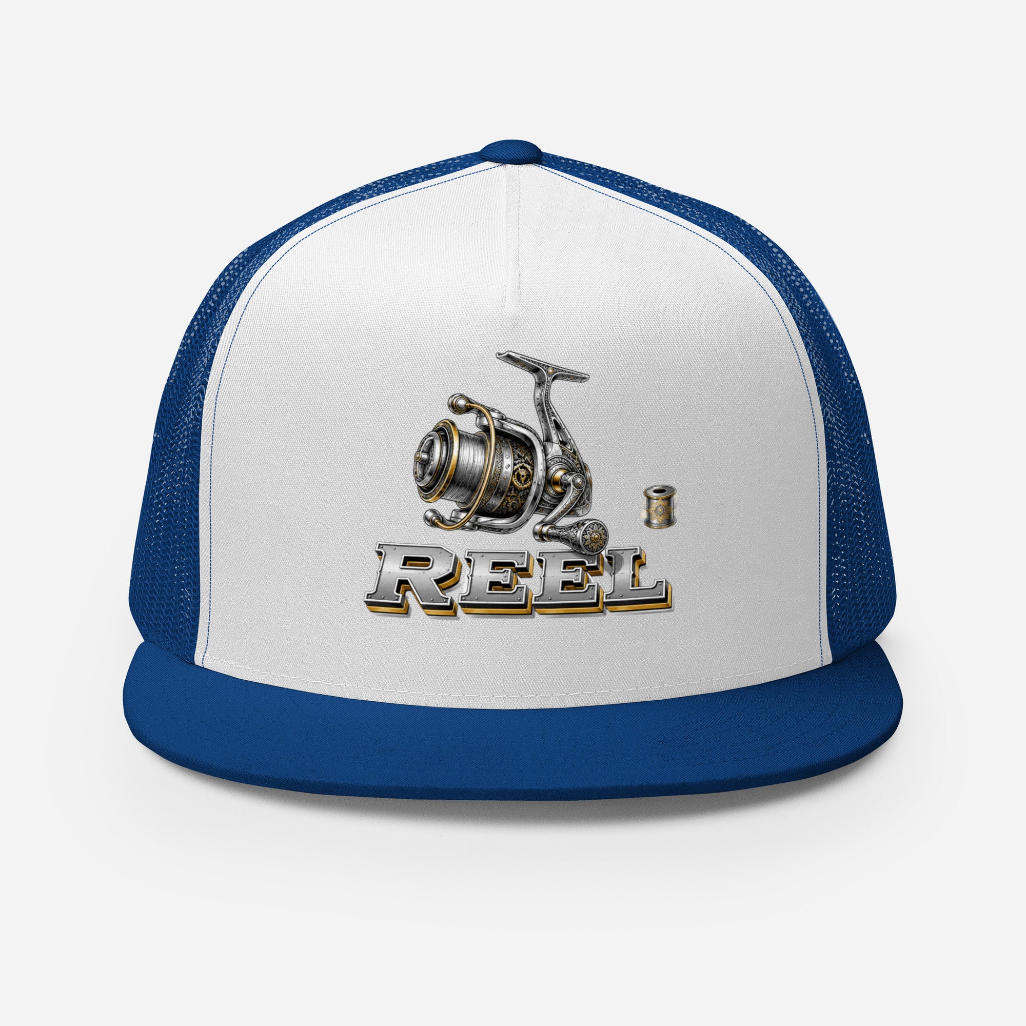 Fishing Lovers Polyester Foam and Mesh Trucker Cap with Vintage Mechanical Fishing Reel Design by printfluence.net