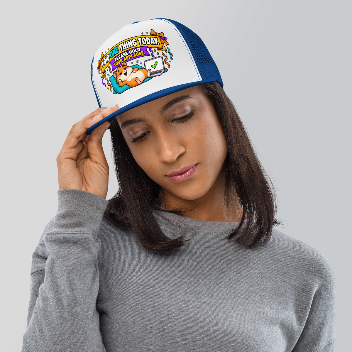 Sarcastic Humor Lovers | 5 Panel Trucker Cap — I DID ONE THING TODAY. PLEASE HOLD YOUR APPLAUSE. by printfluence
