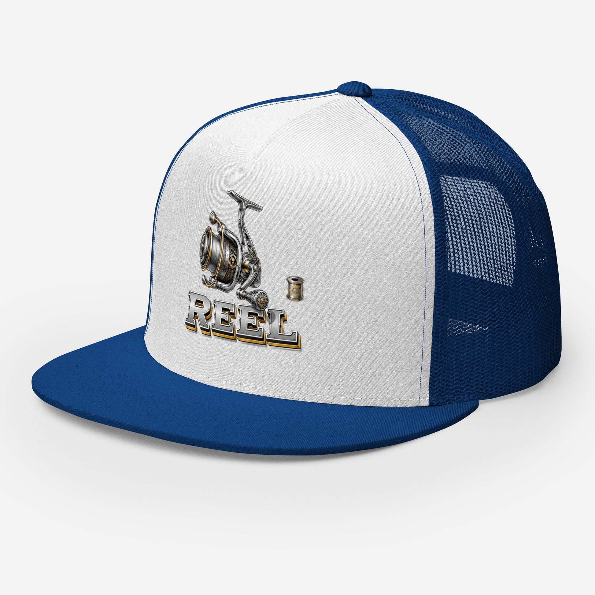 Fishing Lovers Polyester Foam and Mesh Trucker Cap with Vintage Mechanical Fishing Reel Design by printfluence.net