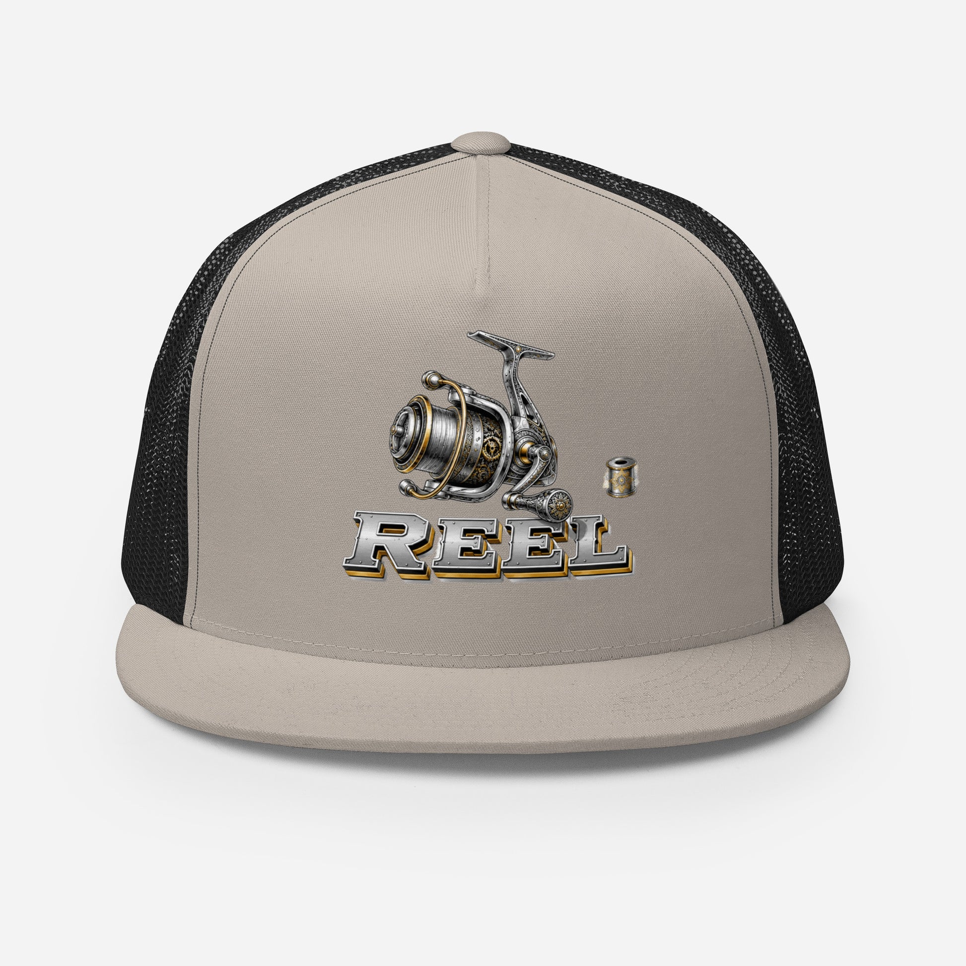 Fishing Lovers Polyester Foam and Mesh Trucker Cap with Vintage Mechanical Fishing Reel Design by printfluence.net