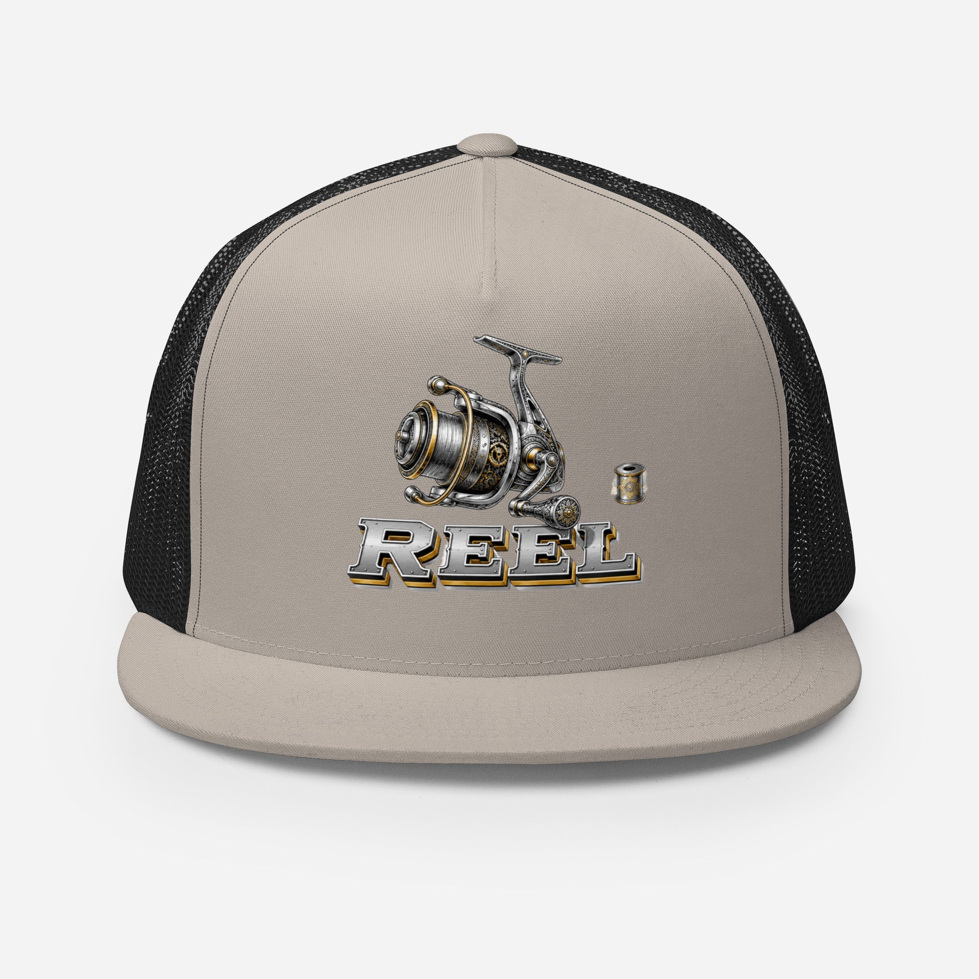 Fishing Lovers Polyester Foam and Mesh Trucker Cap with Vintage Mechanical Fishing Reel Design by printfluence.net