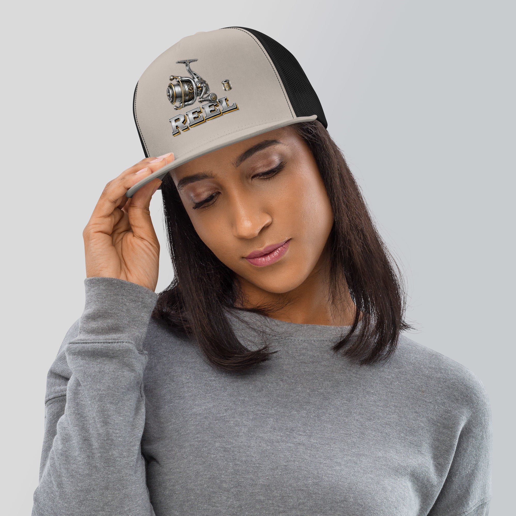 Fishing Lovers Polyester Foam and Mesh Trucker Cap with Vintage Mechanical Fishing Reel Design by printfluence.net