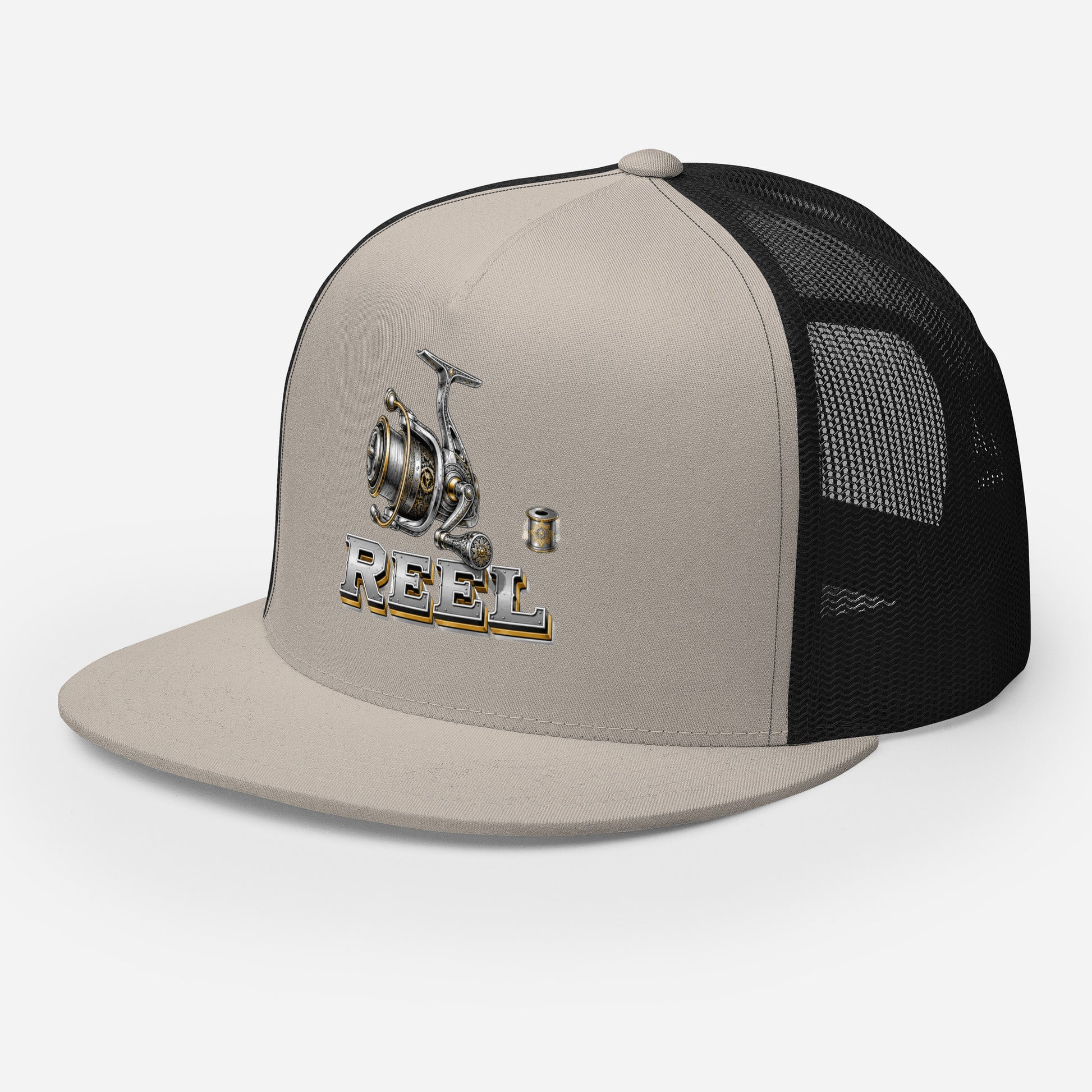 Fishing Lovers Polyester Foam and Mesh Trucker Cap with Vintage Mechanical Fishing Reel Design by printfluence.net