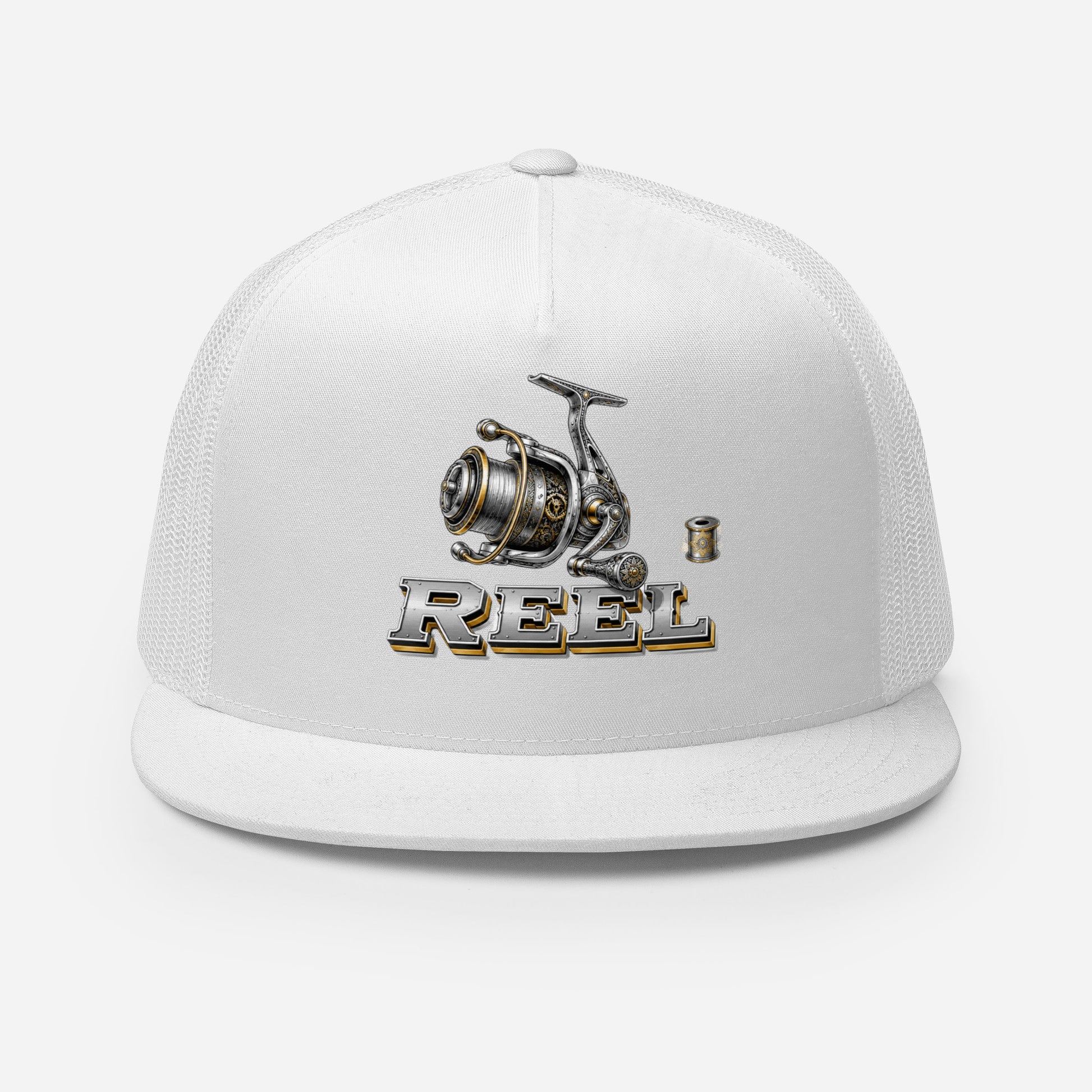 Fishing Lovers Polyester Foam and Mesh Trucker Cap with Vintage Mechanical Fishing Reel Design by printfluence.net