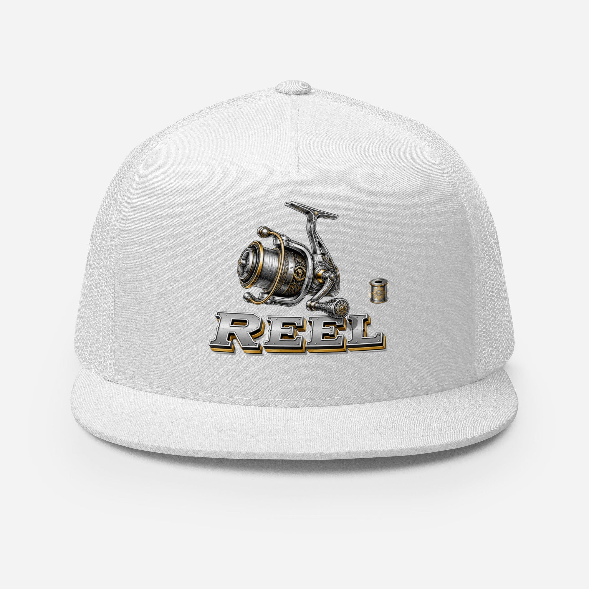 Fishing Lovers Polyester Foam and Mesh Trucker Cap with Vintage Mechanical Fishing Reel Design by printfluence.net