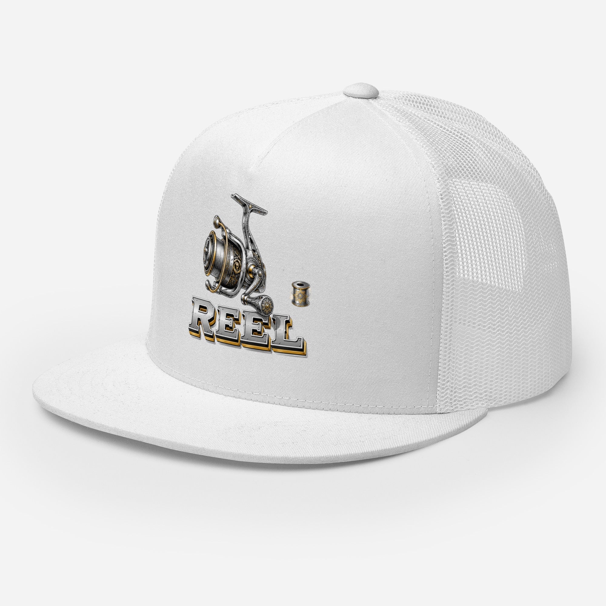 Fishing Lovers Polyester Foam and Mesh Trucker Cap with Vintage Mechanical Fishing Reel Design by printfluence.net