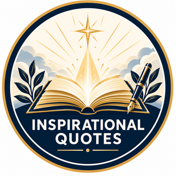 Inspirational Quotes circular icon featuring an open book, fountain pen, golden light rays, and a radiant star in navy, gold, and ivory.