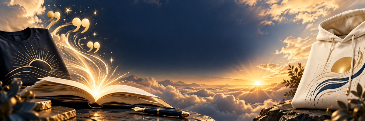 Inspirational Quotes collection banner featuring an open book, glowing quotation marks, sunrise clouds, a navy T-shirt, and an ivory hoodie.
