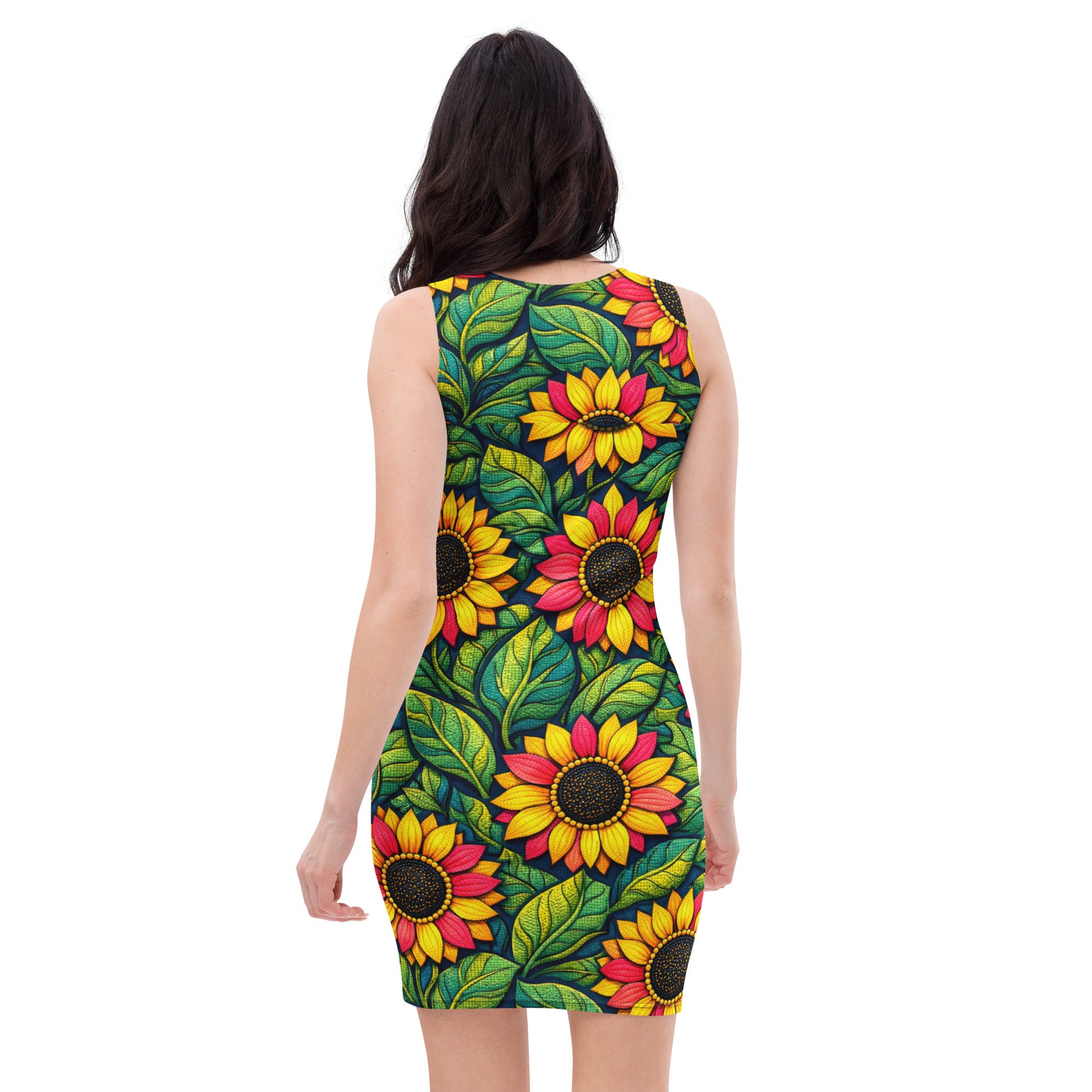 Bodycon dress - Sunflower Bloom Bodycon Dress – Vibrant Yellow Pink Floral Pattern Midi by printfluence.net