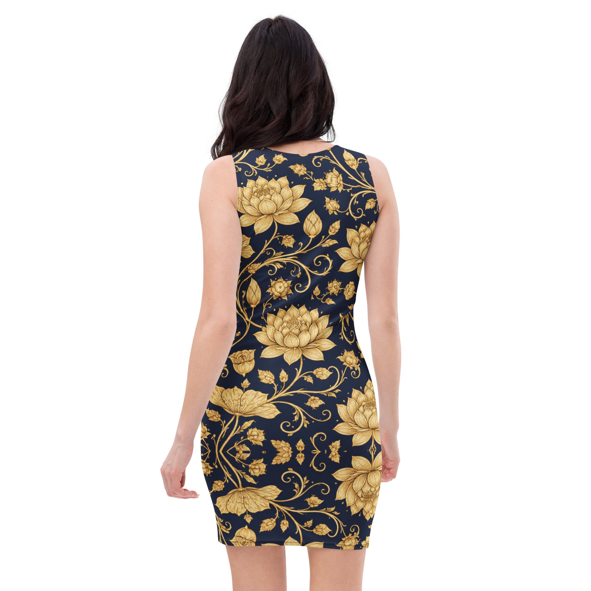 Bodycon dress - Golden Lotus Bodycon Dress – Navy All-Over Floral Print Midi by printfluence.net
