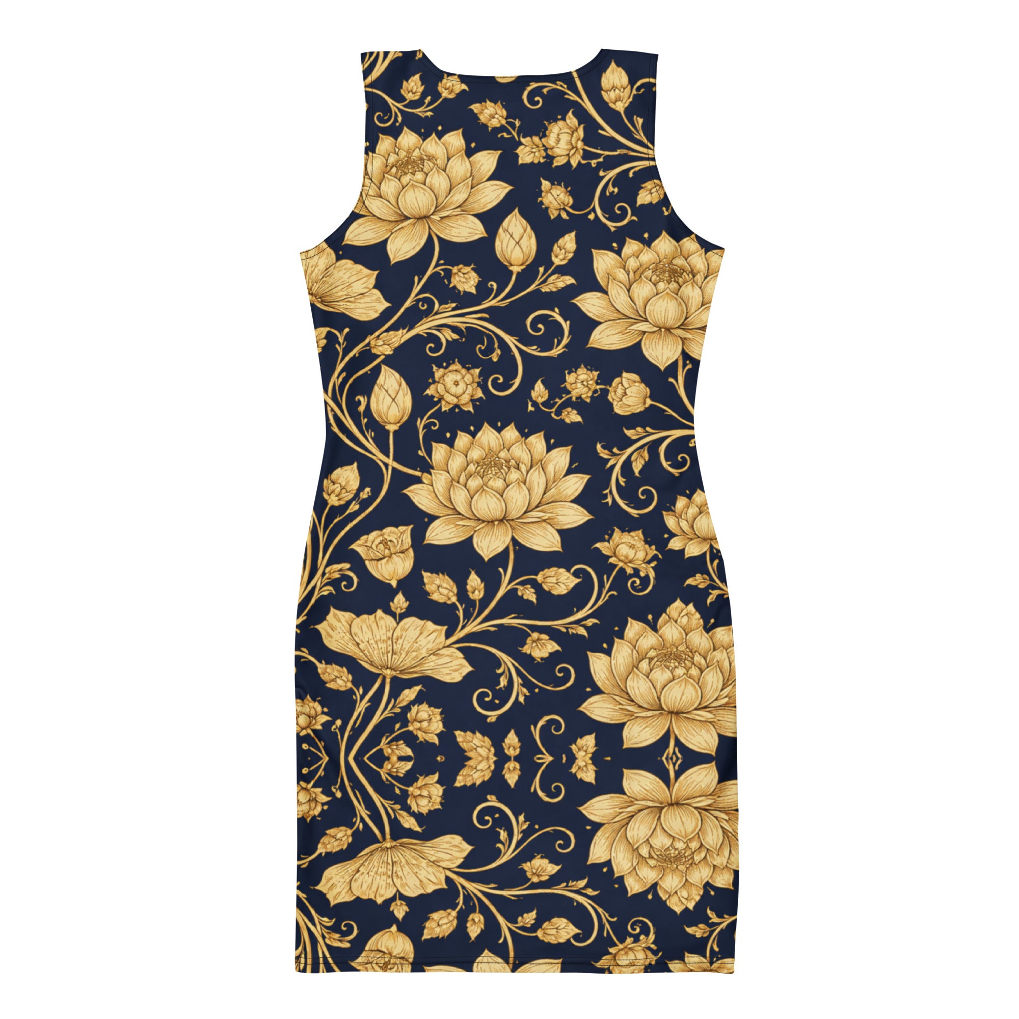 Bodycon dress - Golden Lotus Bodycon Dress – Navy All-Over Floral Print Midi by printfluence.net