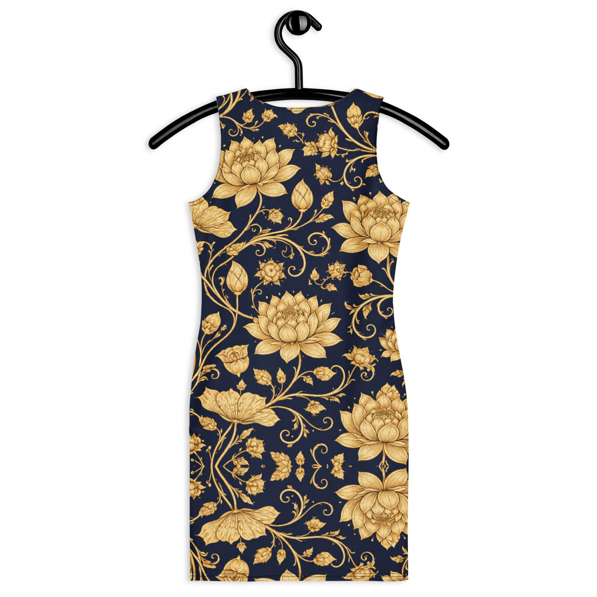 Bodycon dress - Golden Lotus Bodycon Dress – Navy All-Over Floral Print Midi by printfluence.net