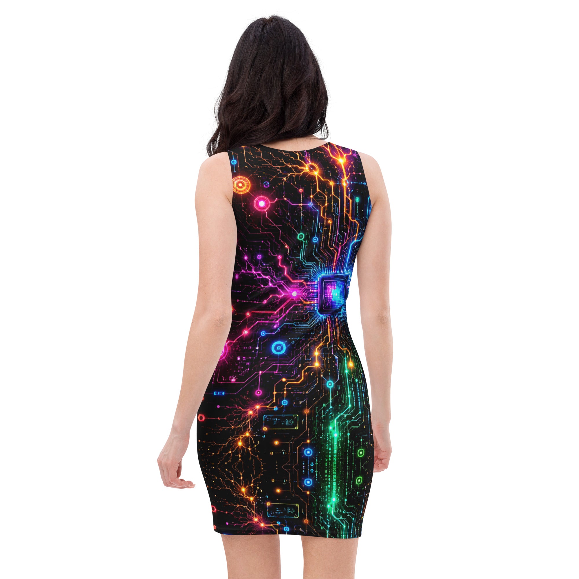 Bodycon dress - Electric Cyber Circuit Neon Glowing Microchip by printfluence.net
