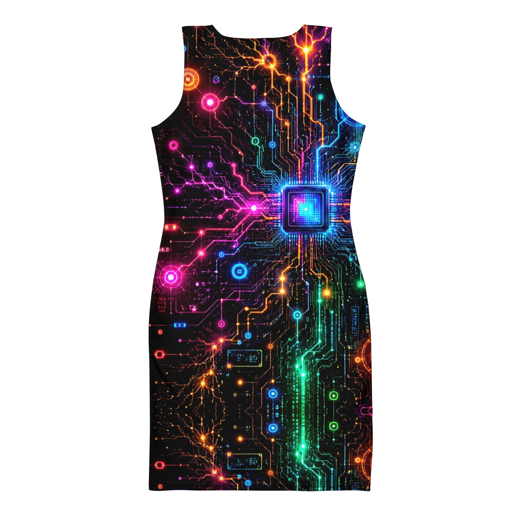 Bodycon dress - Electric Cyber Circuit Neon Glowing Microchip by printfluence.net