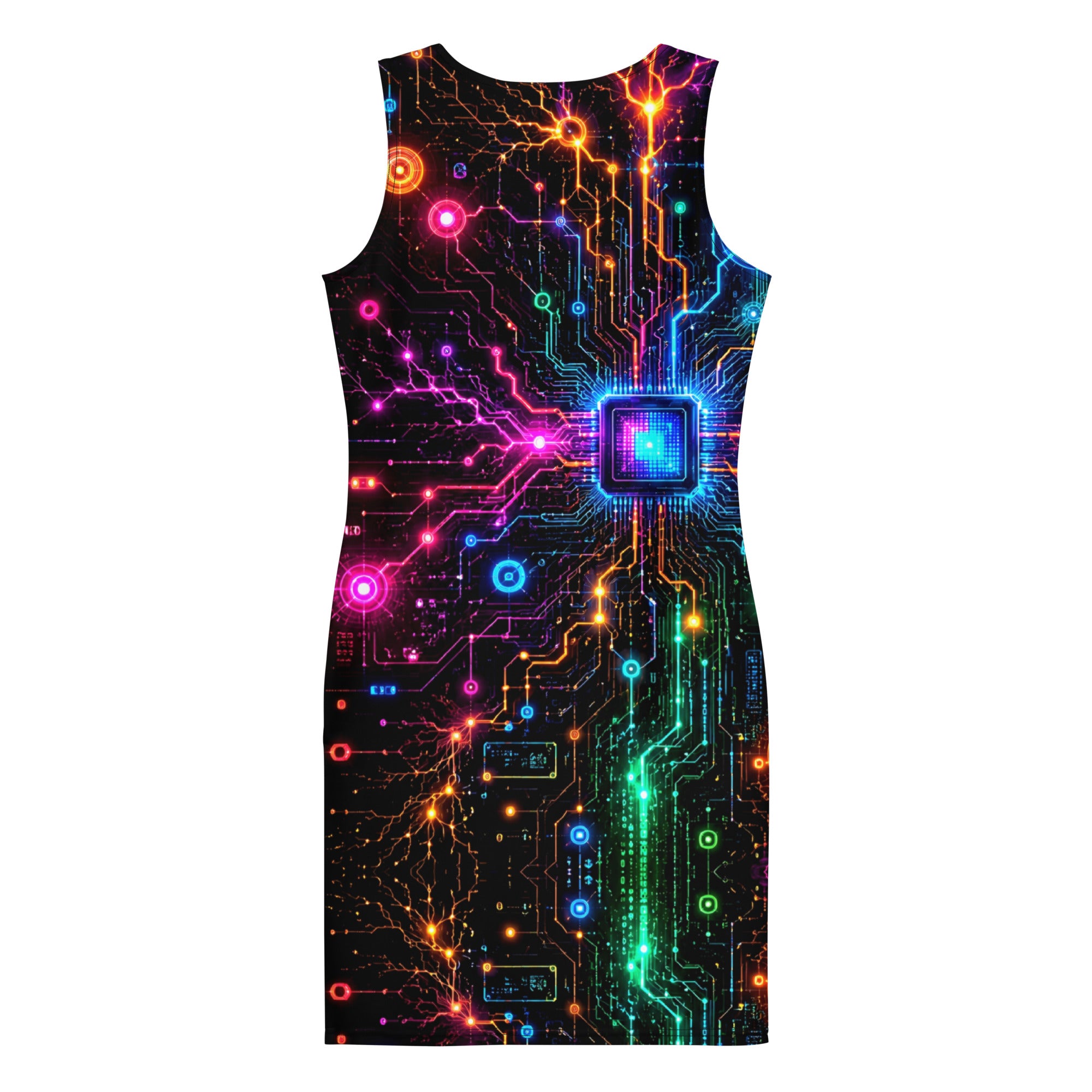 Bodycon dress - Electric Cyber Circuit Neon Glowing Microchip by printfluence.net