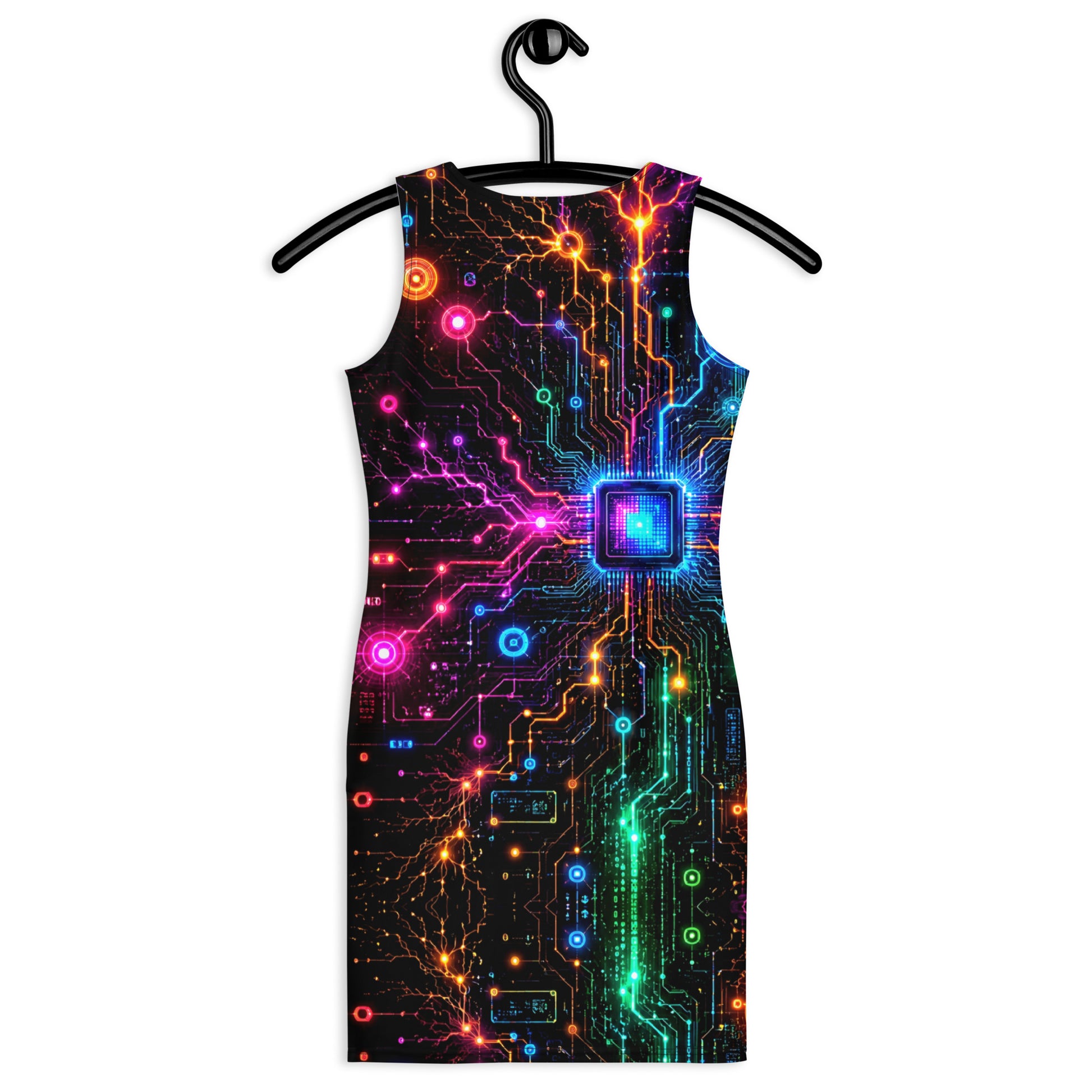 Bodycon dress - Electric Cyber Circuit Neon Glowing Microchip by printfluence.net