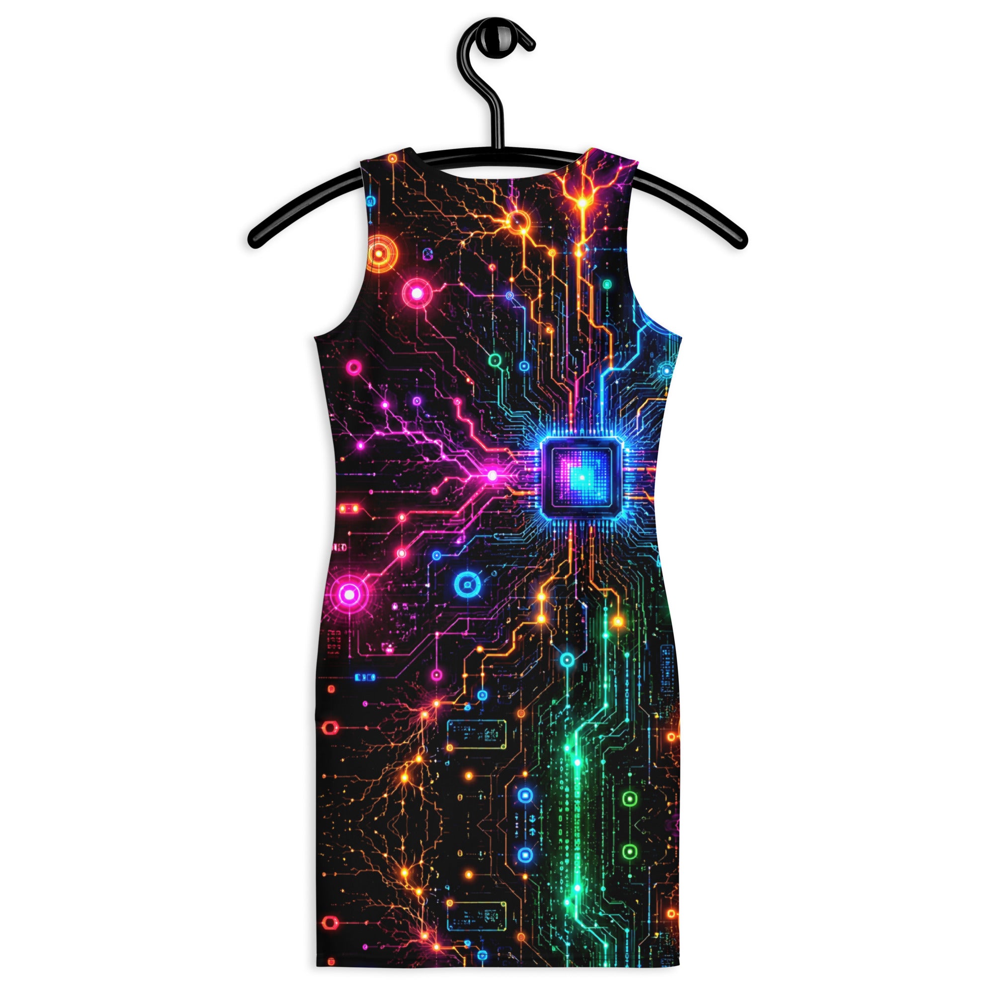 Bodycon dress - Electric Cyber Circuit Neon Glowing Microchip by printfluence.net