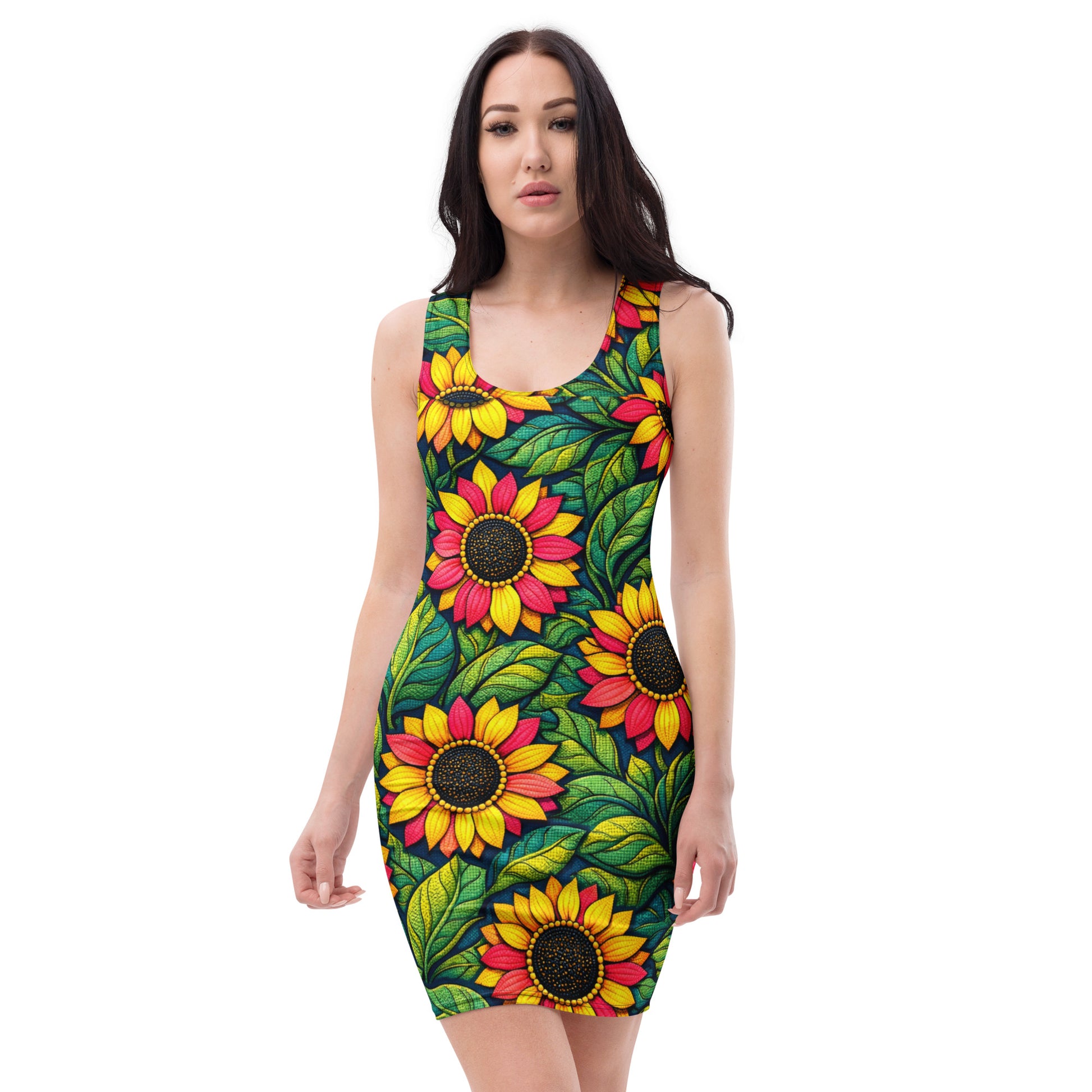 Bodycon dress - Sunflower Bloom Bodycon Dress – Vibrant Yellow Pink Floral Pattern Midi by printfluence.net