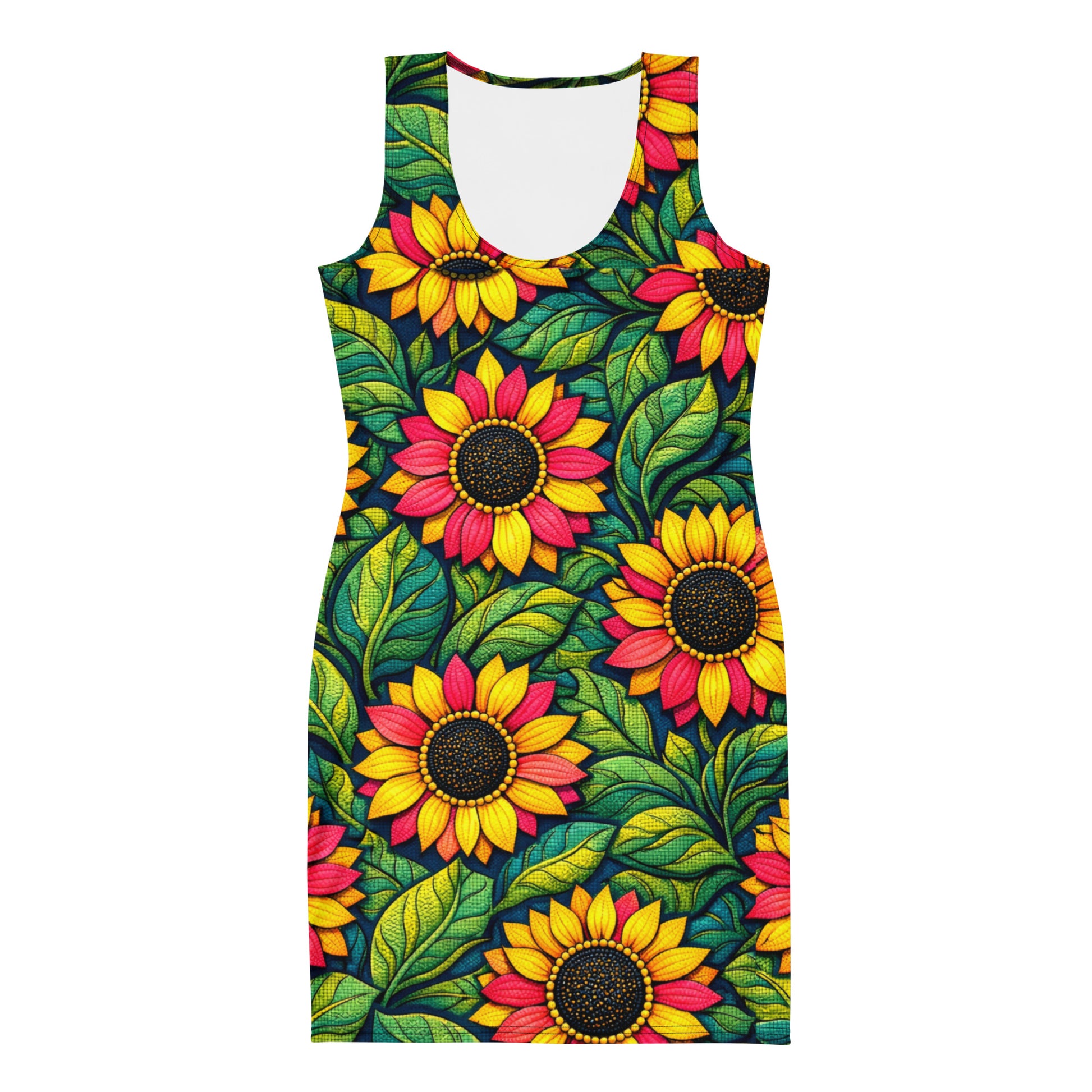 Bodycon dress - Sunflower Bloom Bodycon Dress – Vibrant Yellow Pink Floral Pattern Midi by printfluence.net