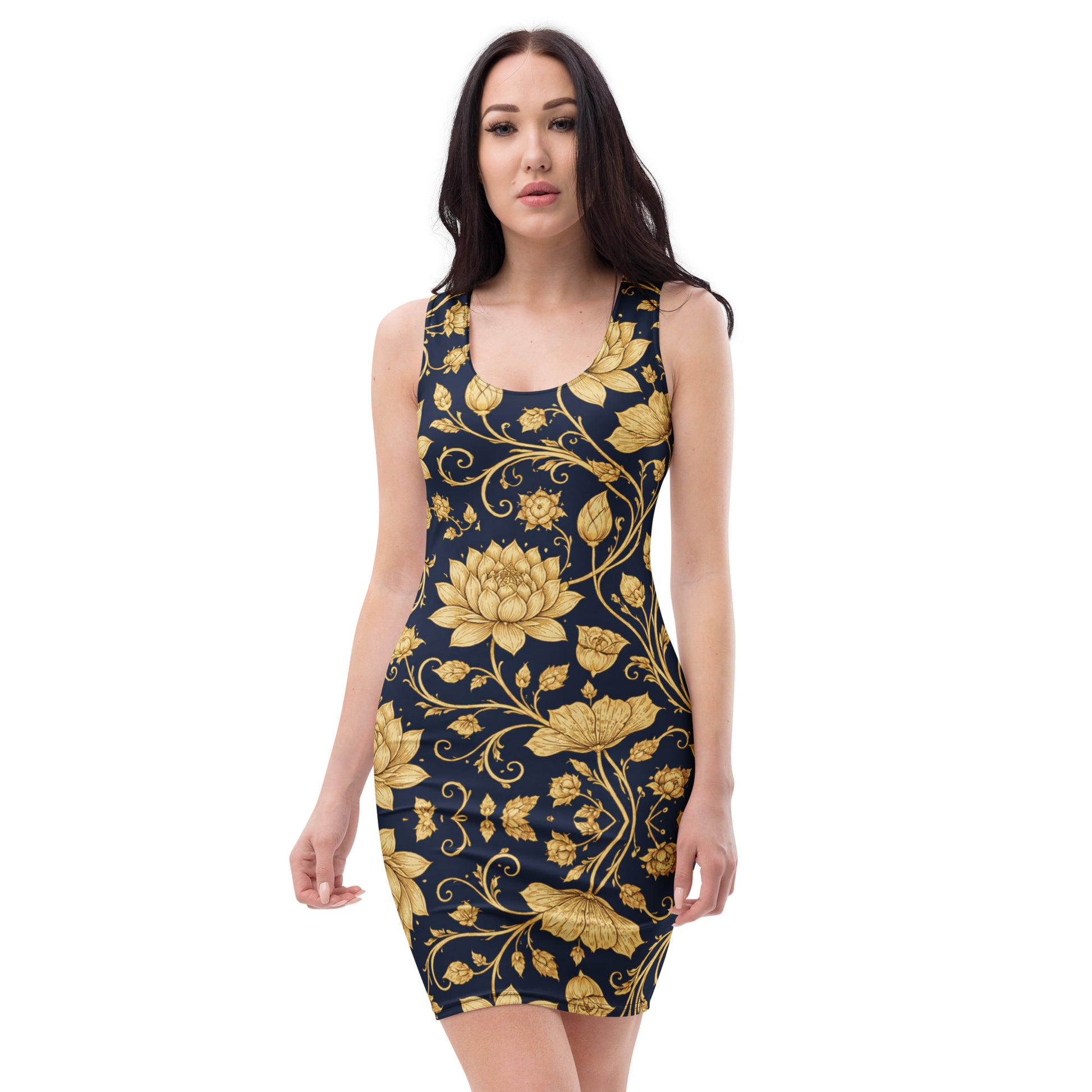 Bodycon dress - Golden Lotus Bodycon Dress – Navy All-Over Floral Print Midi by printfluence.net