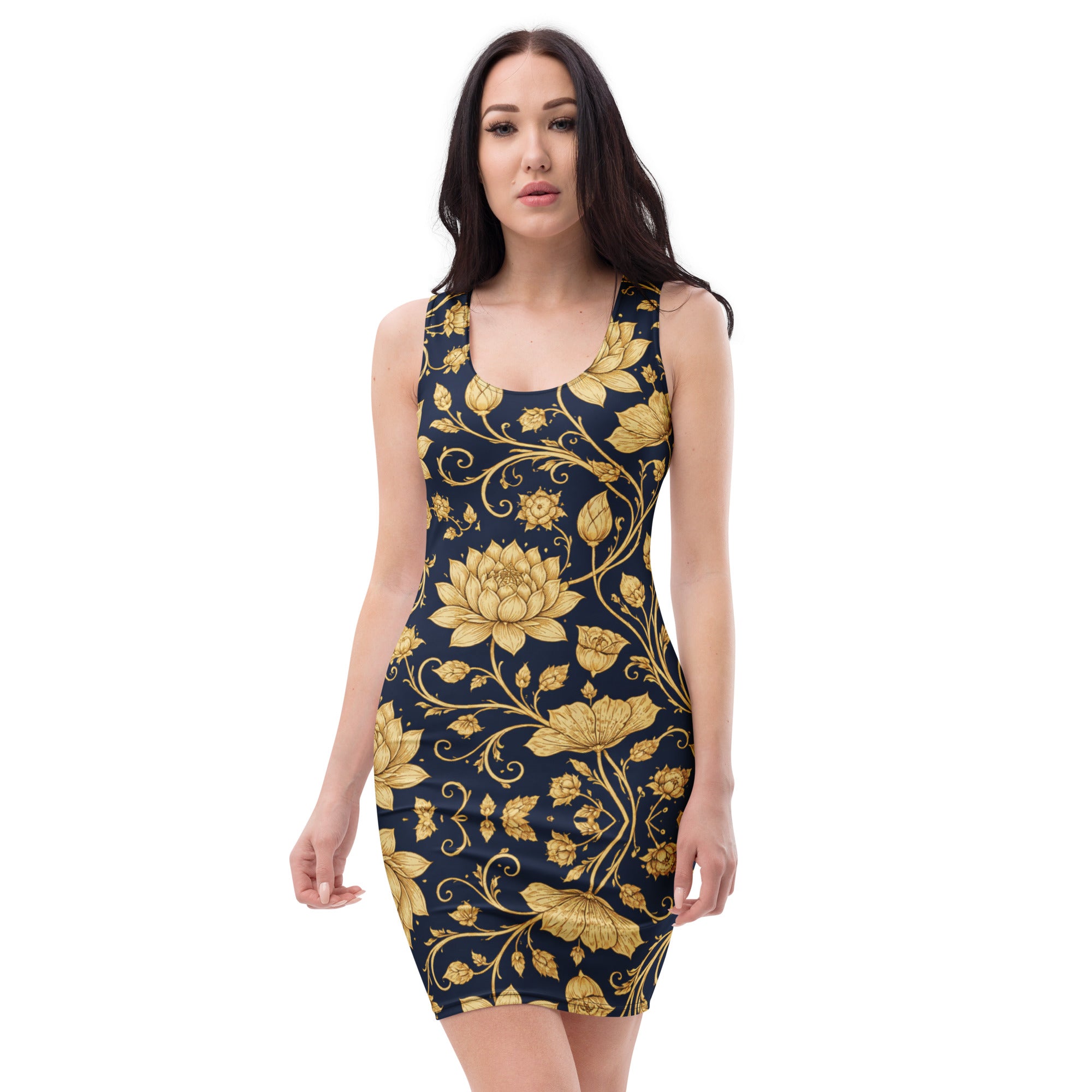 Bodycon dress - Golden Lotus Bodycon Dress – Navy All-Over Floral Print Midi by printfluence.net