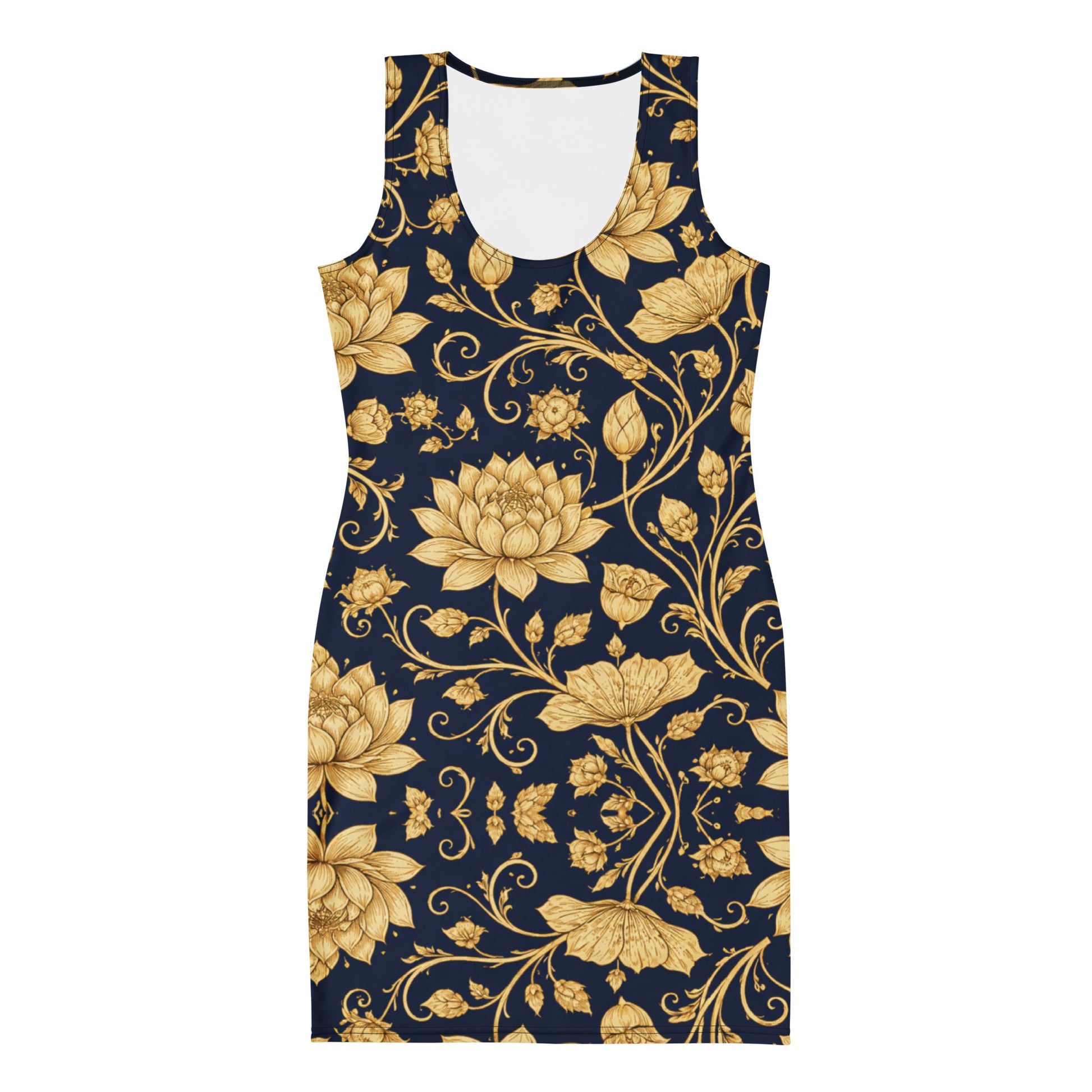 Bodycon dress - Golden Lotus Bodycon Dress – Navy All-Over Floral Print Midi by printfluence.net